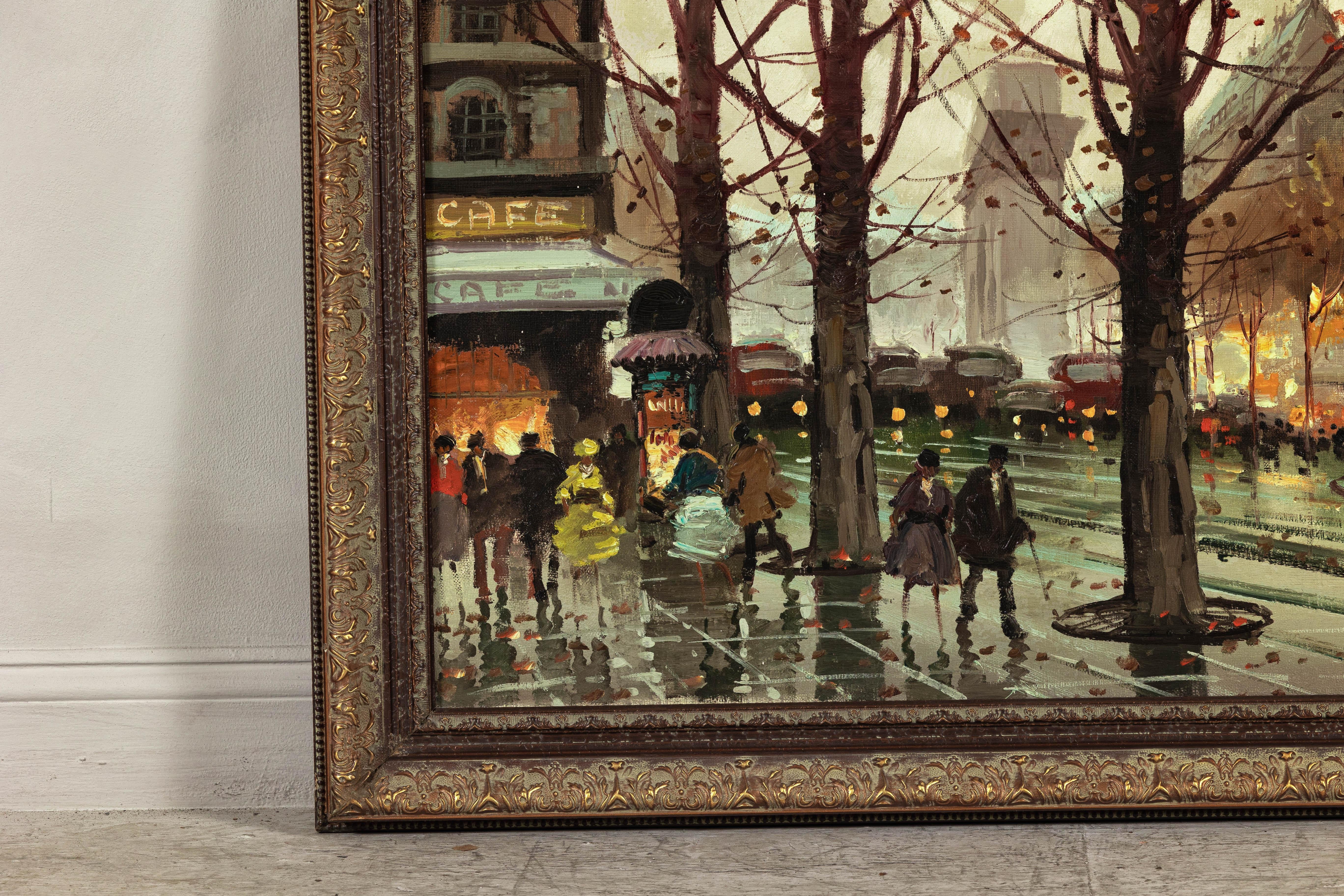 Scena impressionista di boulevard parigino, dipinto a olio su tela firmato M. Serval in vendita 1