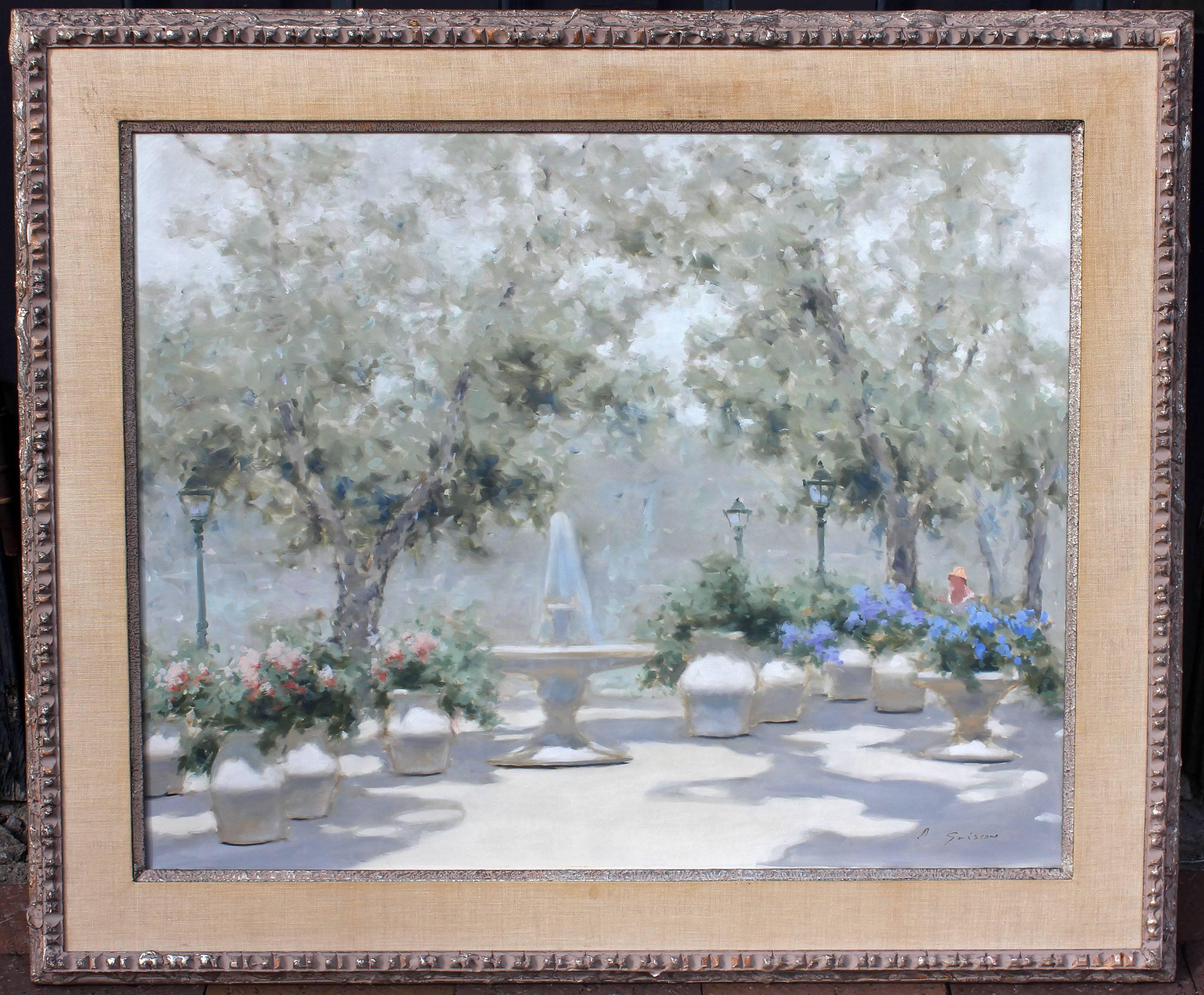 Mid-Century Modern Impressionist Park Scene by Andre Gisson Oil Painting