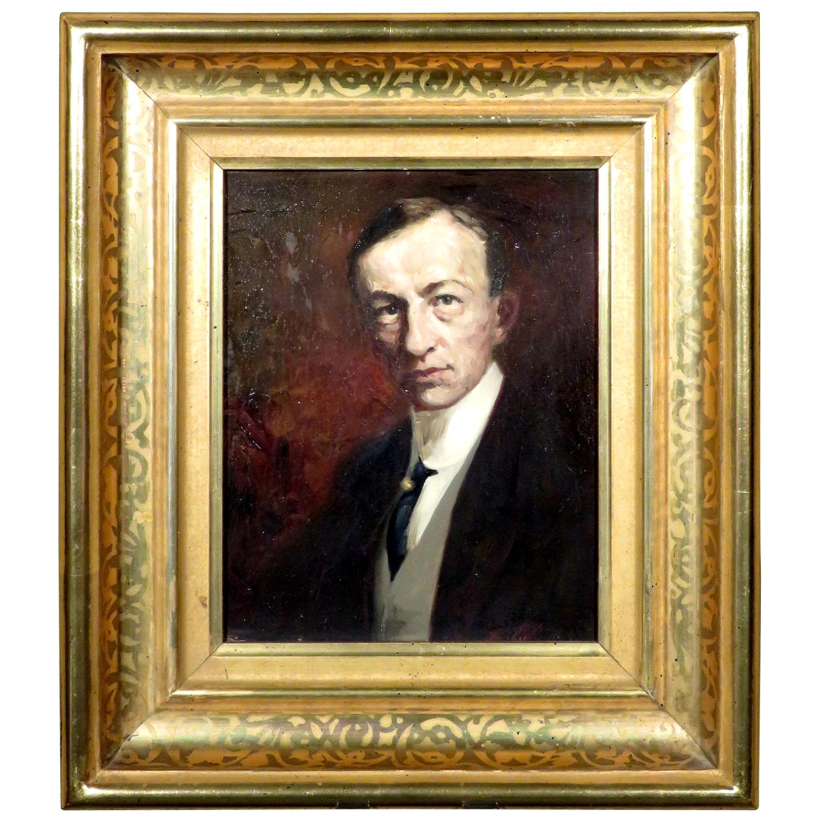 A striking early 20th century impressionist portrait of a gentleman, executed with oil on cardboard & laid down on artist board, set within a very fine water gilded frame with burnished & matte highlights. 
Panel dimensions, 9.5” h x 7.75” w, frame