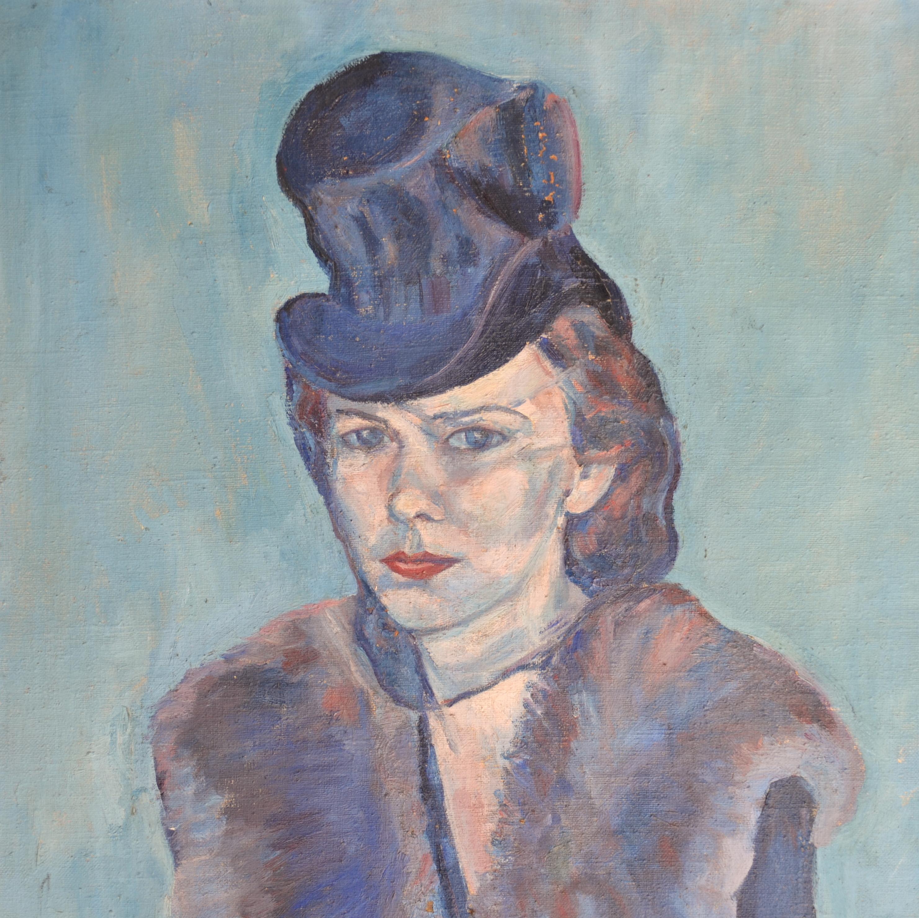 Female portrait of a striking women sitting, in fur coat and hat, painted in blue tones with strong brushwork. Oil painting on canvas is made in 1944 signed JC and is housed in a silver guided wooden frame.
The painting is ready to be shipped.
   