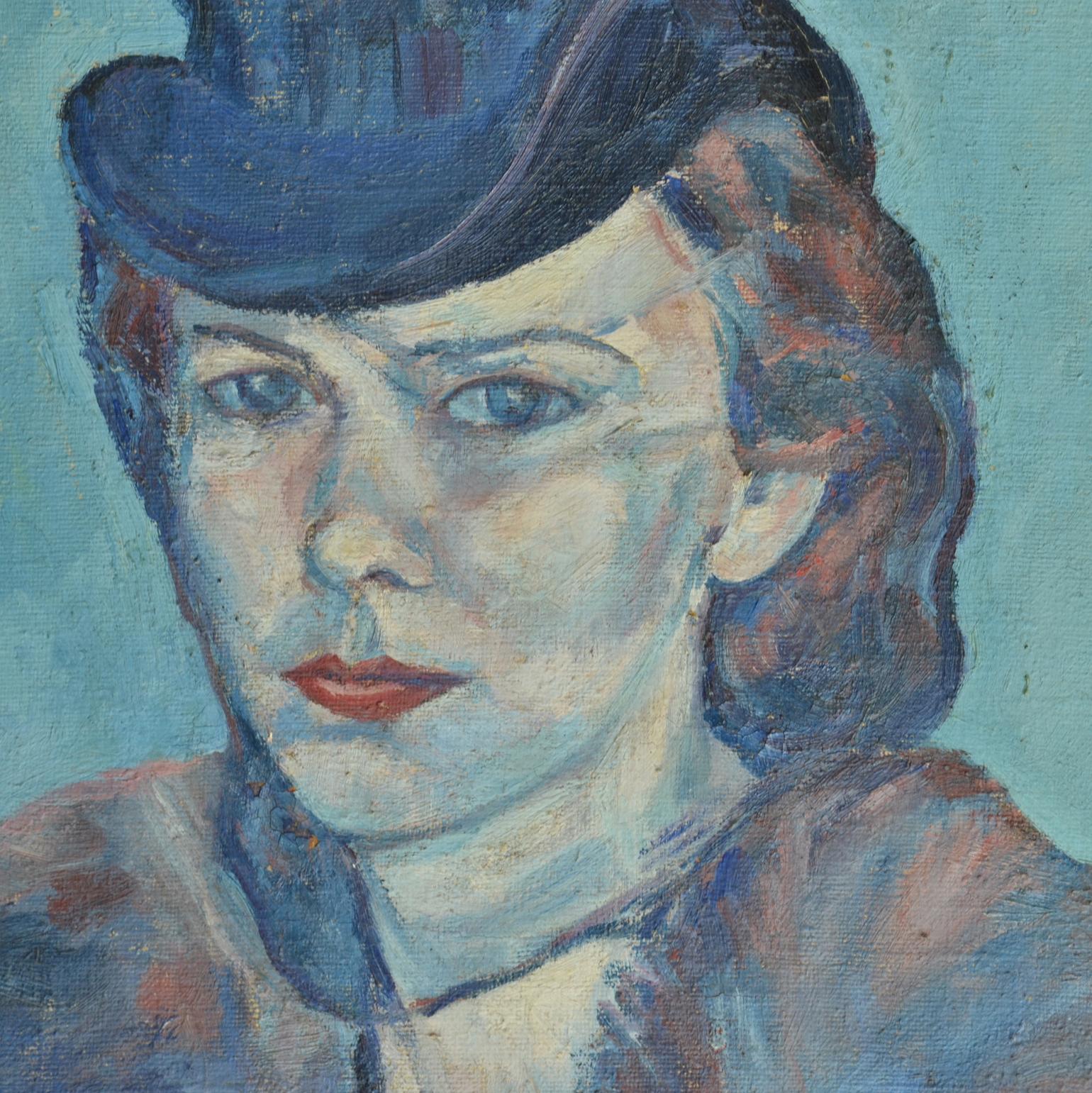 European Impressionist Portrait of Women in Blue Oil Painting 1944