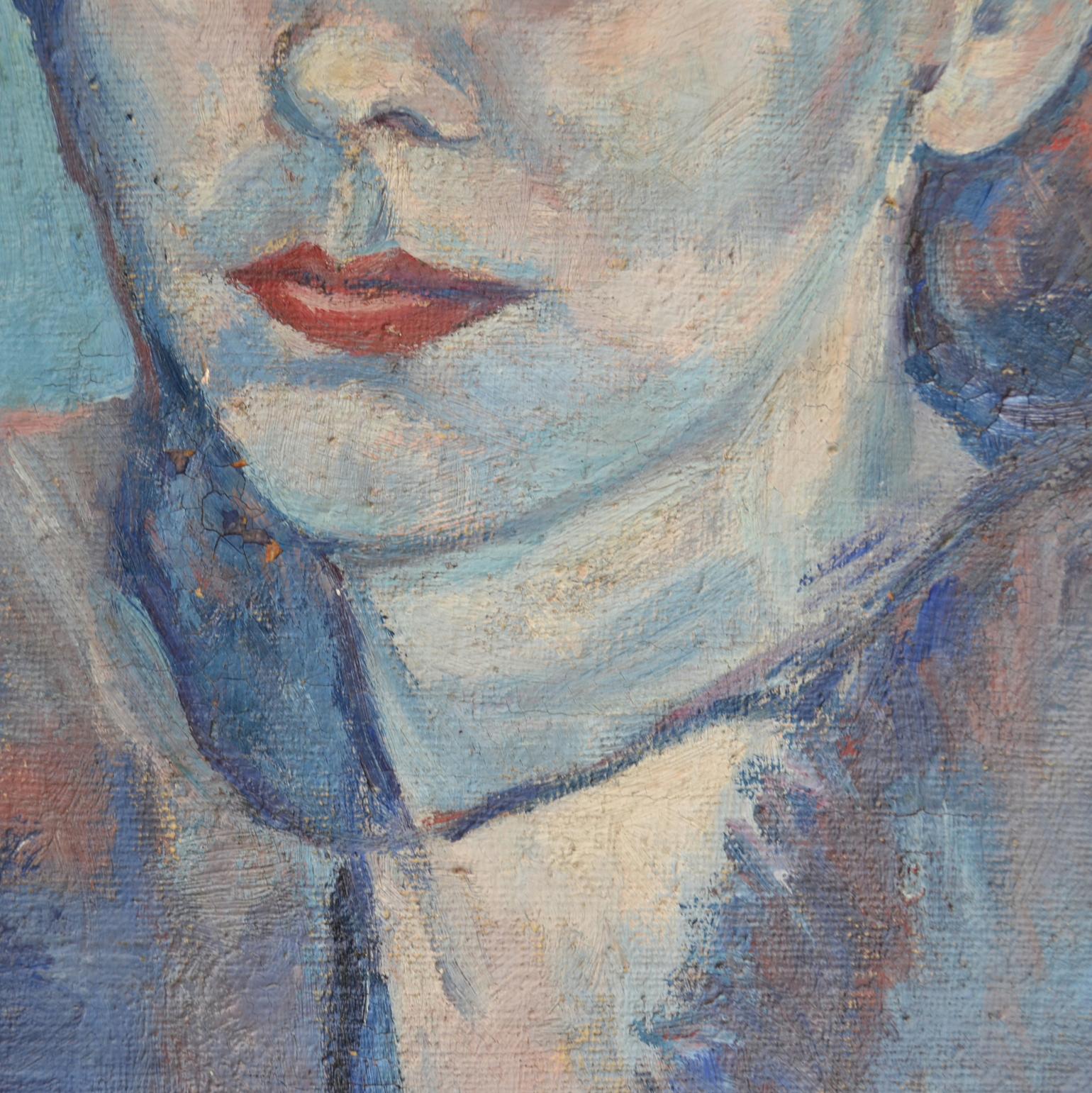 Impressionist Portrait of Women in Blue Oil Painting 1944 In Excellent Condition In London, GB