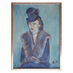 Vintage Impressionist Portrait of Women in Blue Oil Painting 1944