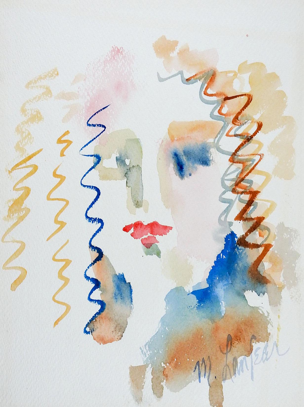 American Impressionist Portrait Woman with Curly Hair Watercolor Painting For Sale