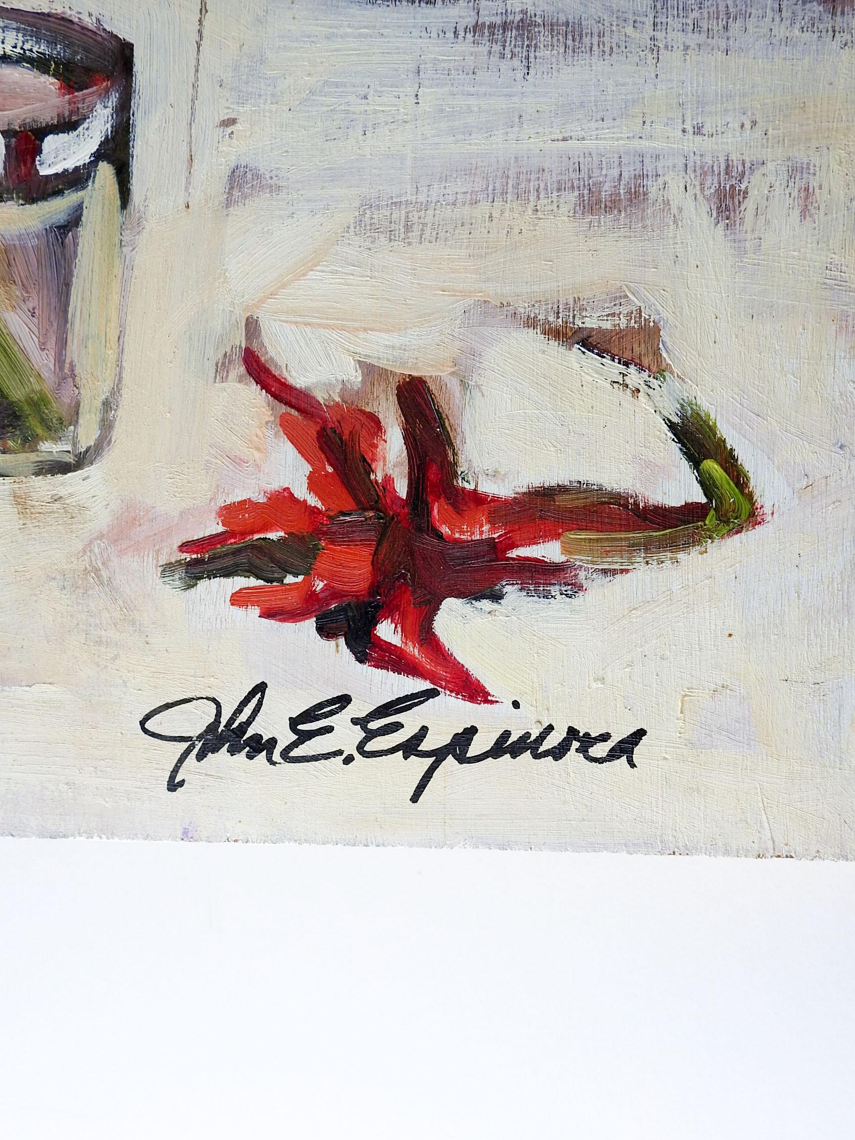 Oil on wood panel impressionist still life with red Asian Lilies by John Espinosa. Signed lower right. Panel mounted on sturdy wood backing so it can be hung without a frame. Edge wear, few scratches to paint surface.