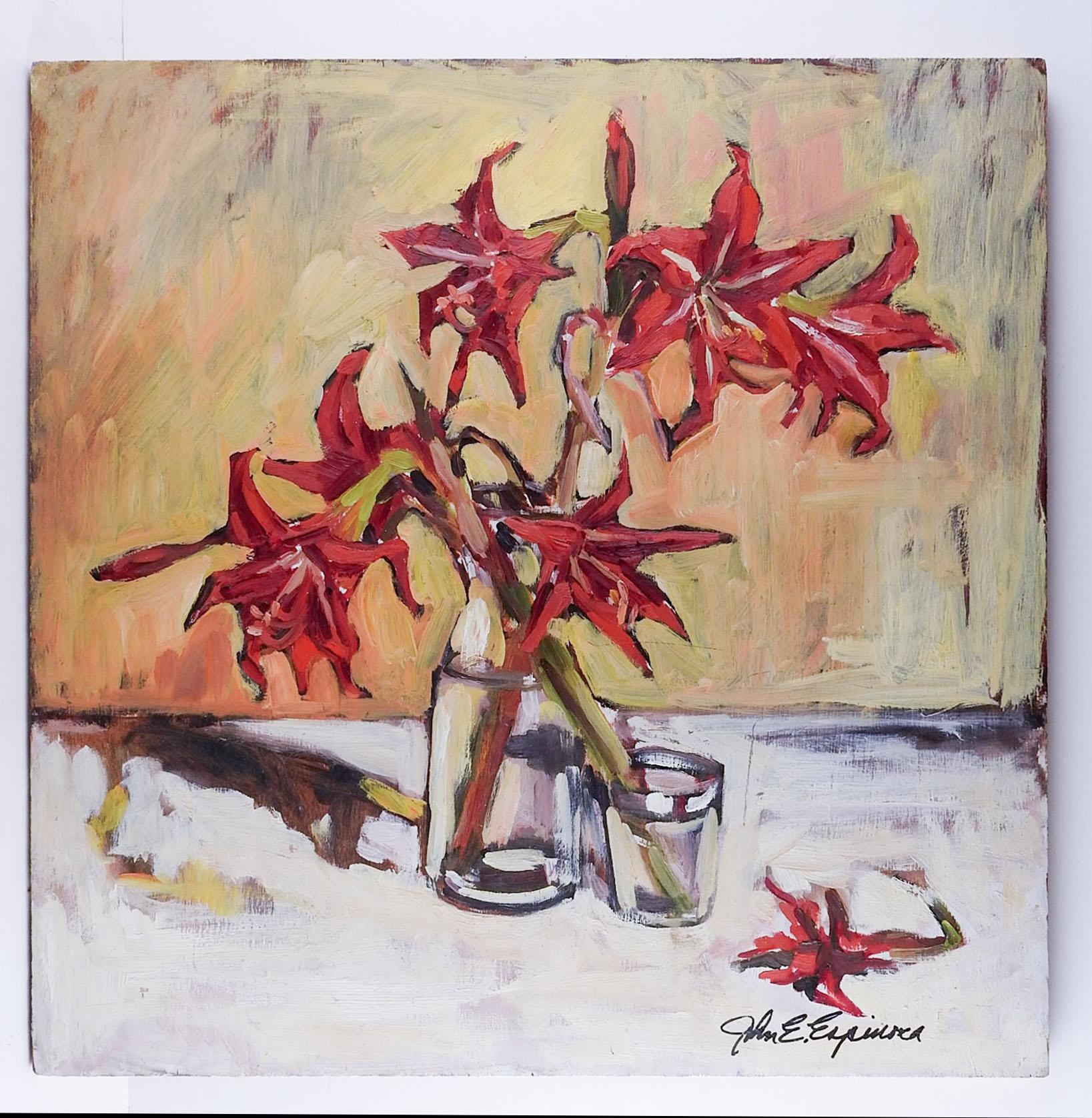 Modern Impressionist Red Lilies Still Life Painting For Sale