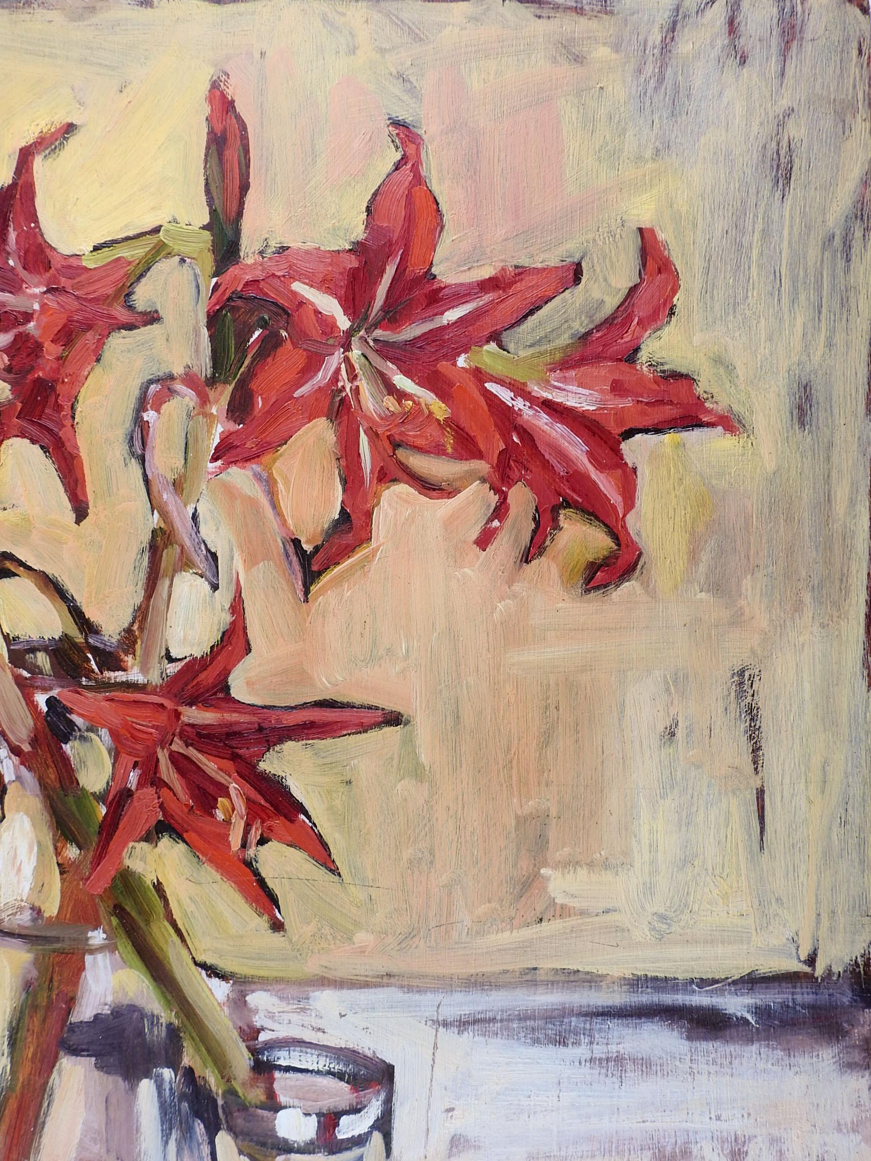 American Impressionist Red Lilies Still Life Painting For Sale