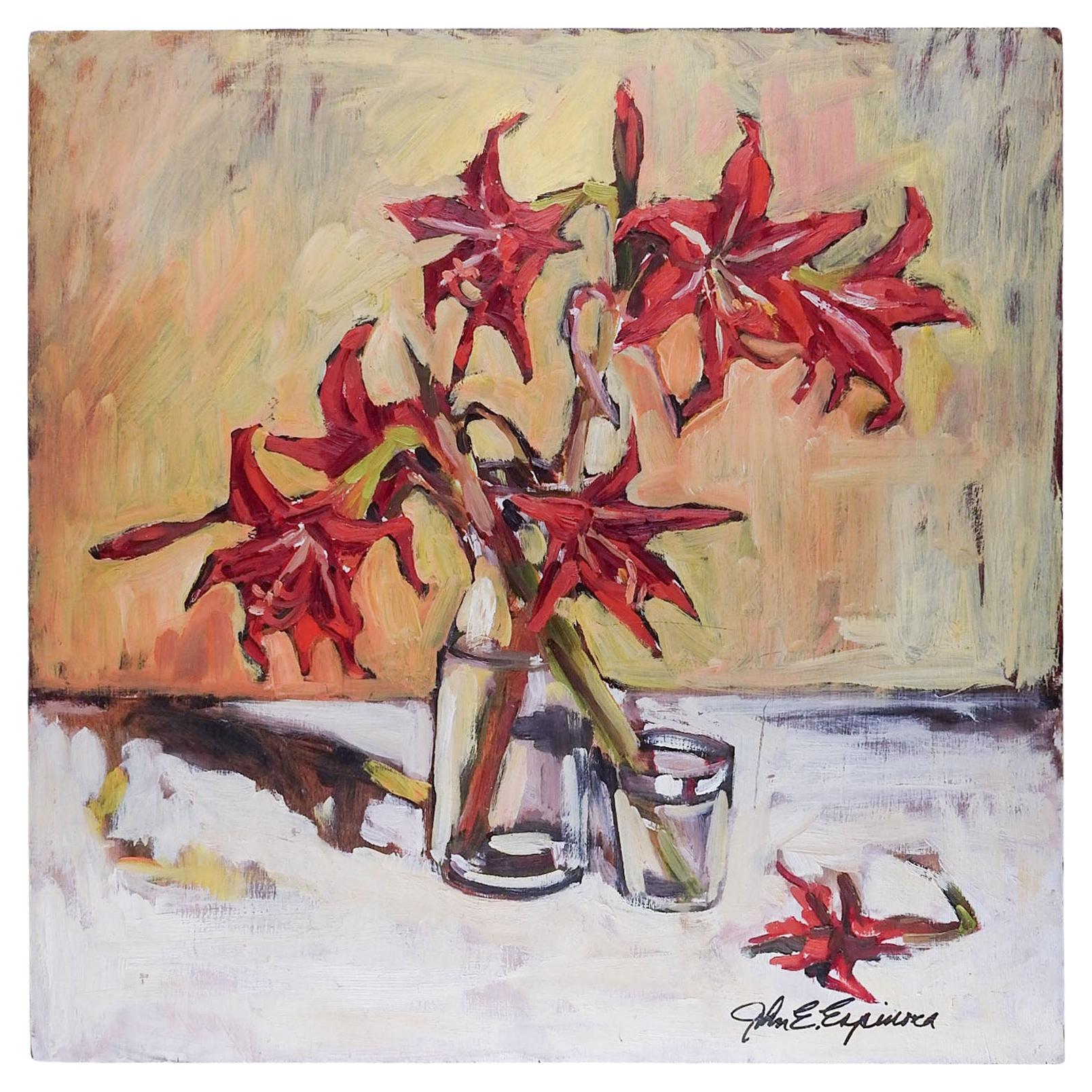 Impressionist Red Lilies Still Life Painting For Sale