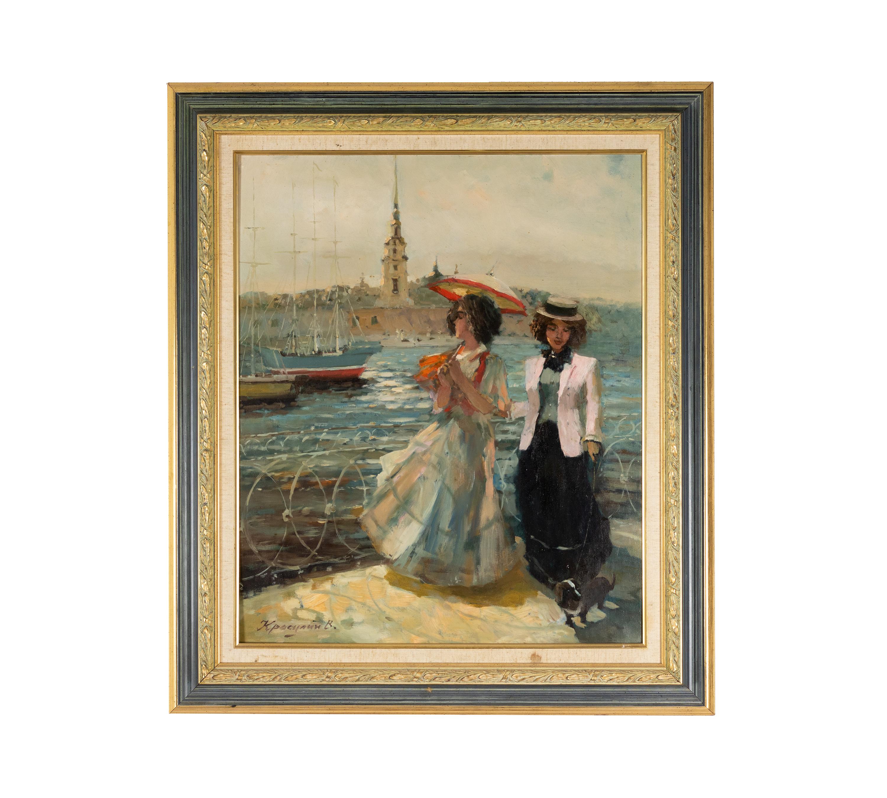 A painting of european styled ladies aboard a boat liner, observing the lighthouse fortress St. Peter and St. Paul of the Imperial city of St. Petersburg, capital of the Russian Empire, signed «Kpacynnh B».

Frame 81.5 x 71.5 cm depth 4 cm 
Without