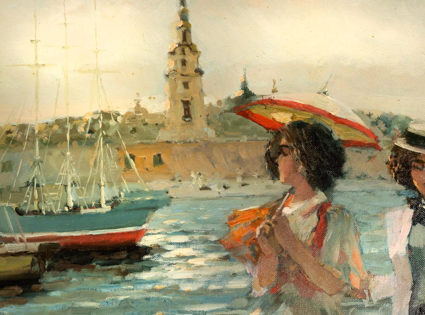 Impressionist Saint Petersburg Lighthouse Painting, 20th Century In Good Condition For Sale In Lisbon, PT