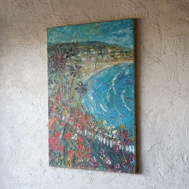 Canvas Large Impressionist Seascape Depicting the Côte d'Azur Original Painting, 1960s For Sale