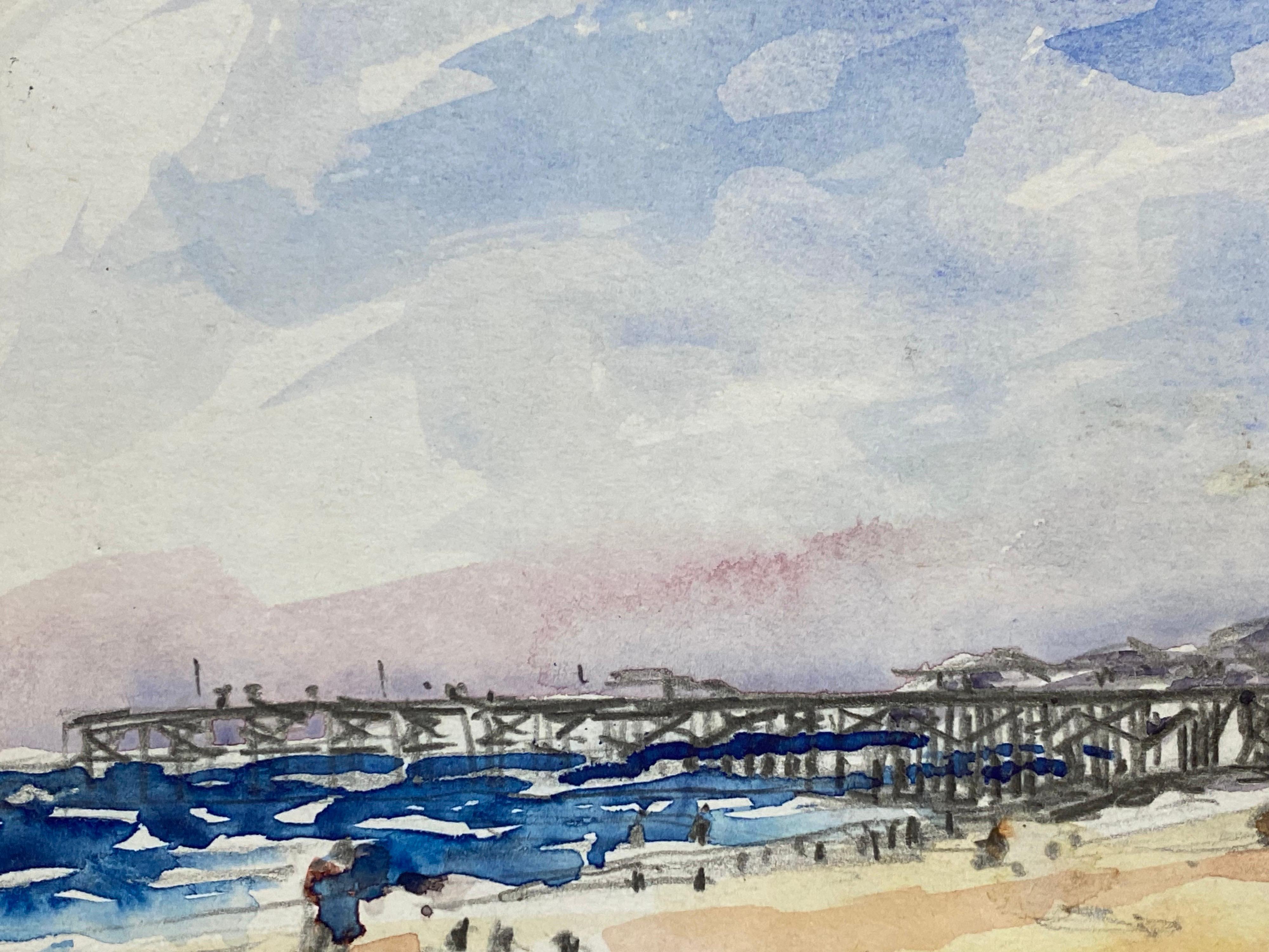 Impressionist Signed Watercolour, French Warm Day at the Pier In Good Condition For Sale In Cirencester, GB