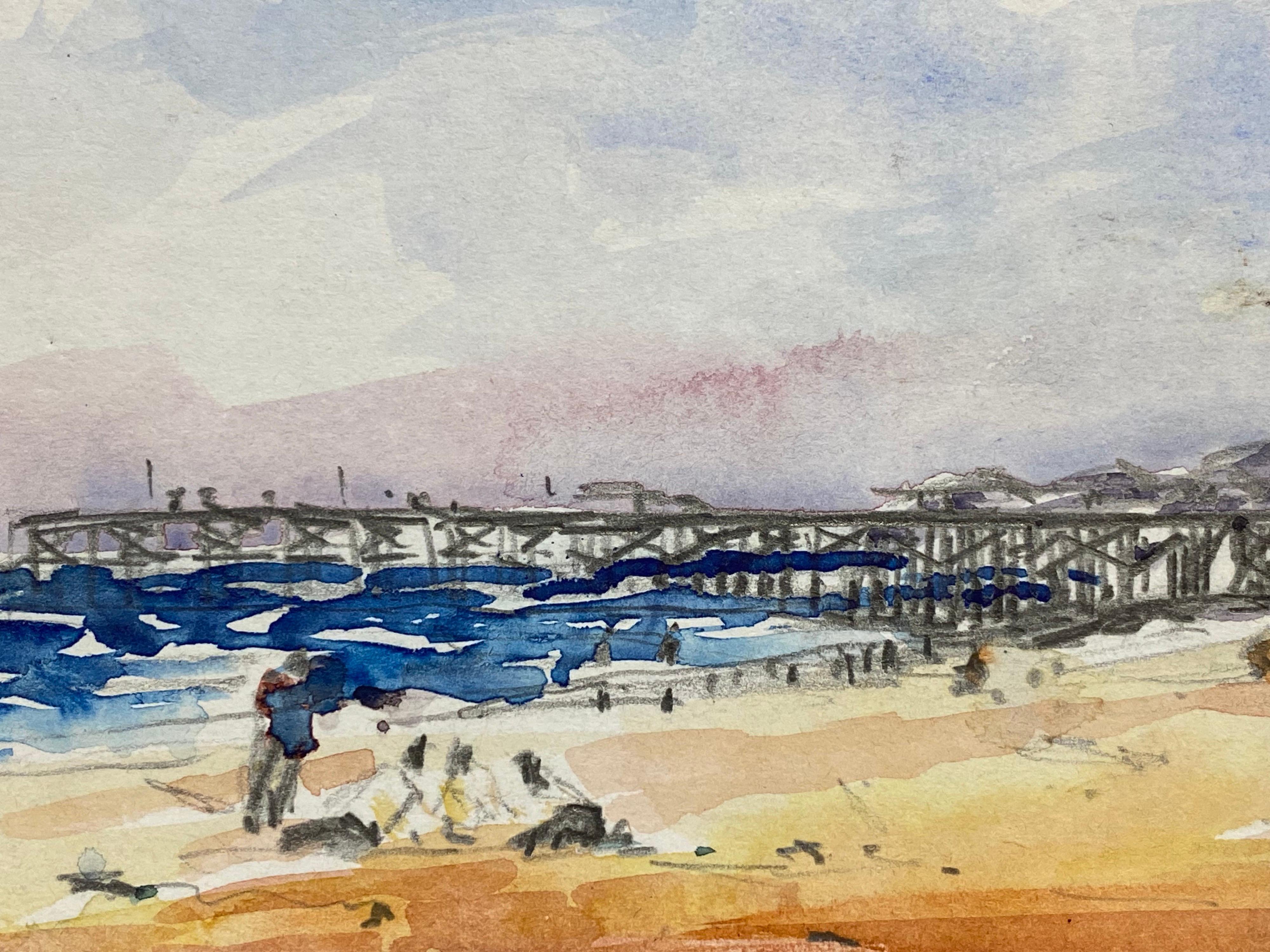 20th Century Impressionist Signed Watercolour, French Warm Day at the Pier For Sale