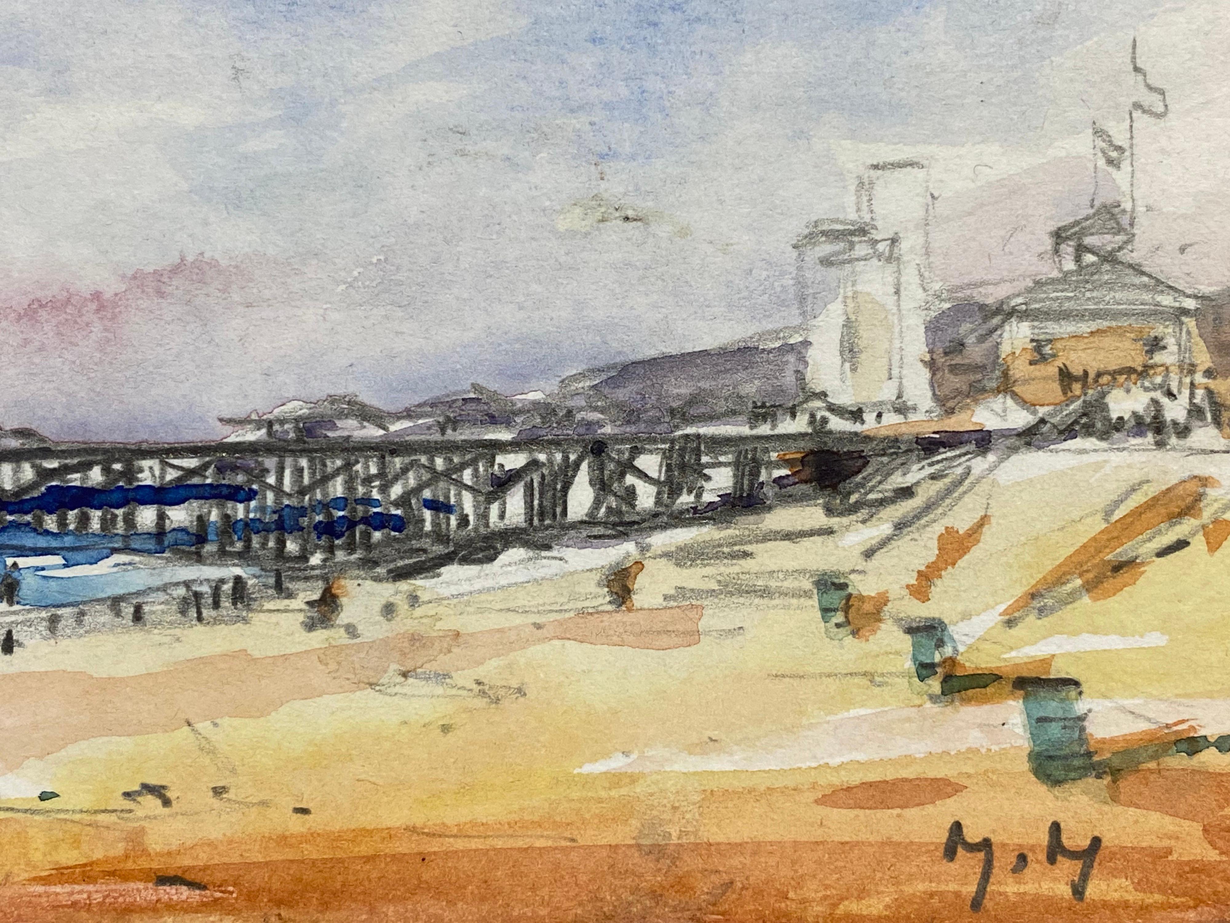 Other Impressionist Signed Watercolour, French Warm Day at the Pier For Sale