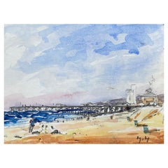 Signiertes Aquarell, Französischer Wärmetag am Pier, Impressionismus