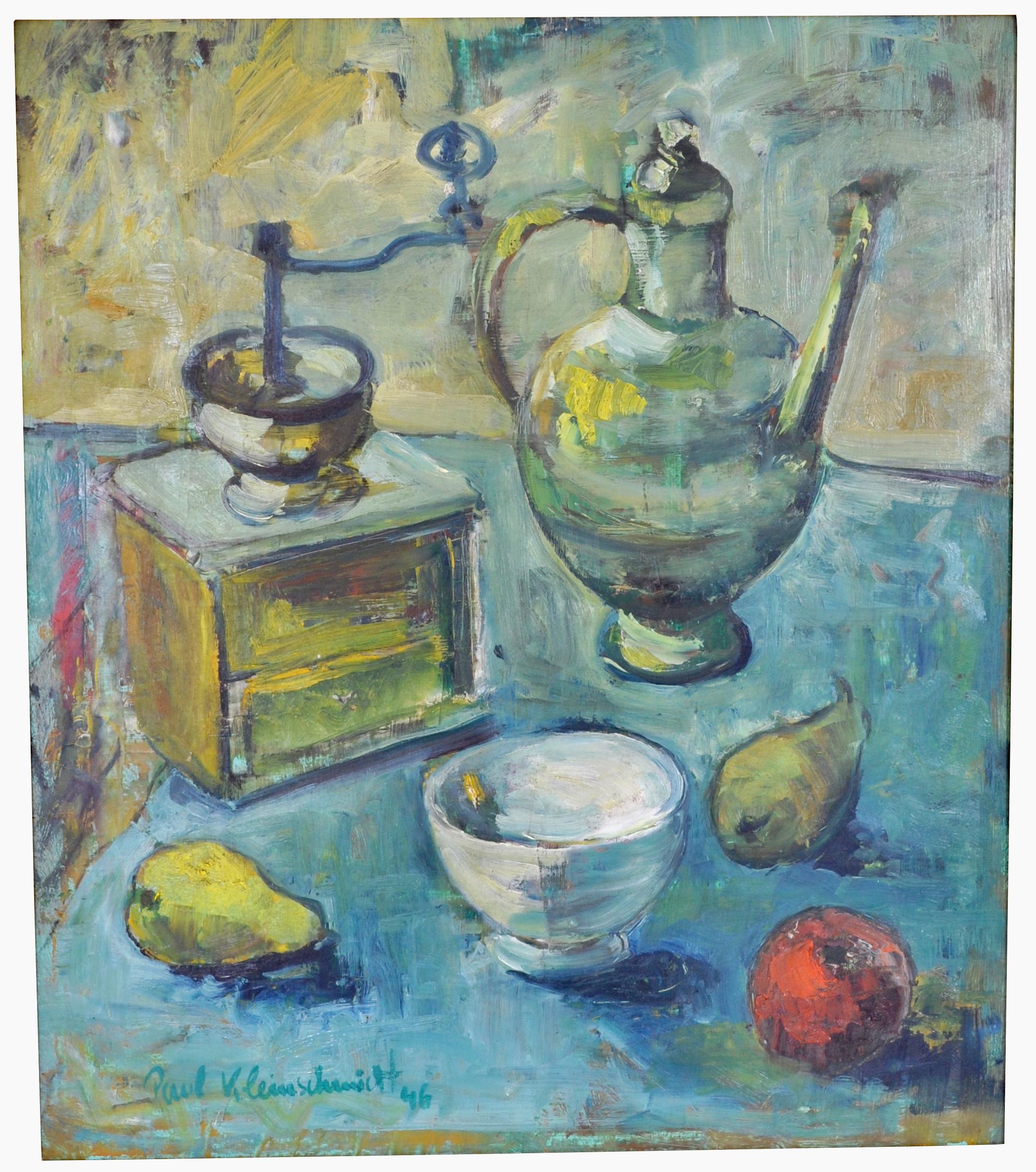 Expressionist still life oil painting by Paul Kleinschmidt (1883-1949), 1946. The painting depicting a still life scene in Kleinschmidt's typical impasto style, showing a coffee grinder and ewer with fruit and bowl to the foreground. The painting