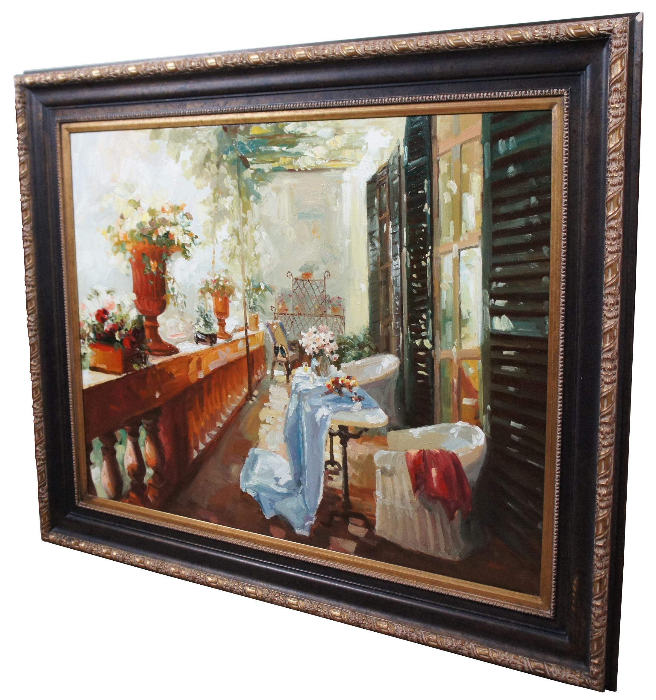 Signed impressionist style oil on canvas painting of an elegant patio or balcony, signed Edwin in lower corner.

Measures: 49.5” x 2” x 39.5” / Sans Frame - 39.5” x 29.5” (Width x Depth x Height).