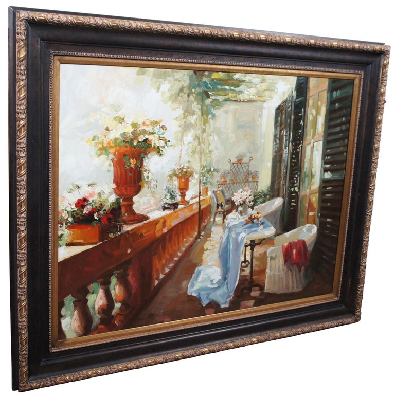 Expressionist Impressionist Still Life Oil Painting Italian Chateau Floral Patio Balcony For Sale