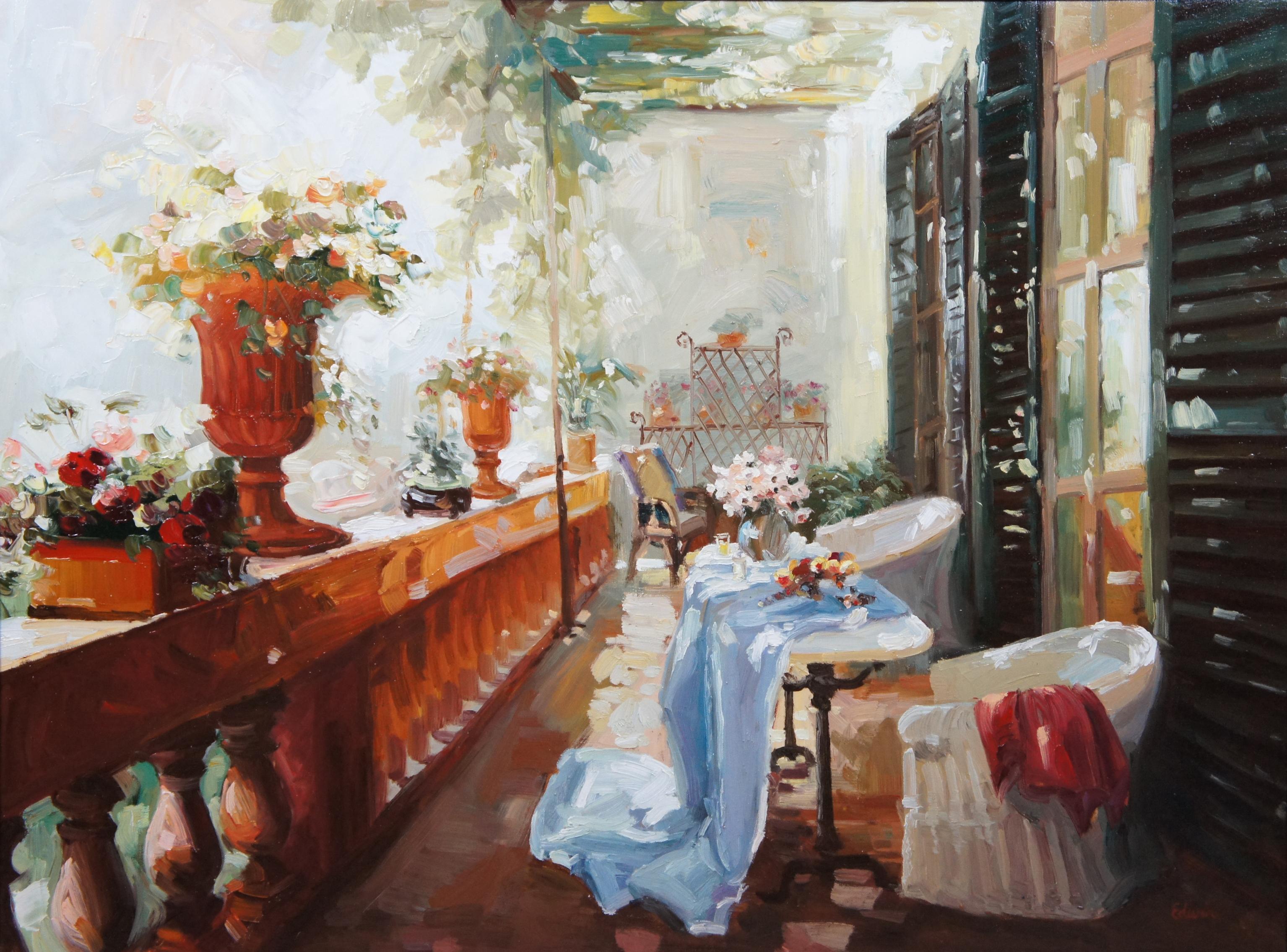 Canvas Impressionist Still Life Oil Painting Italian Chateau Floral Patio Balcony