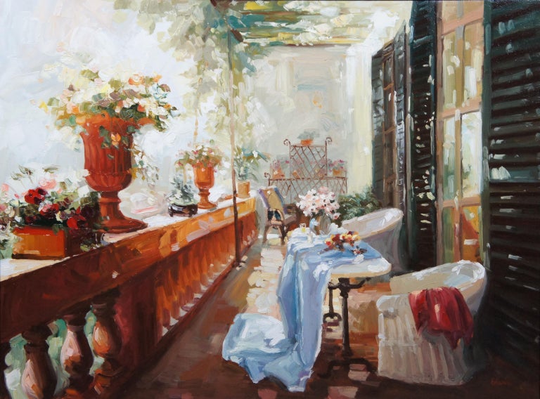 Canvas Impressionist Still Life Oil Painting Italian Chateau Floral Patio Balcony For Sale