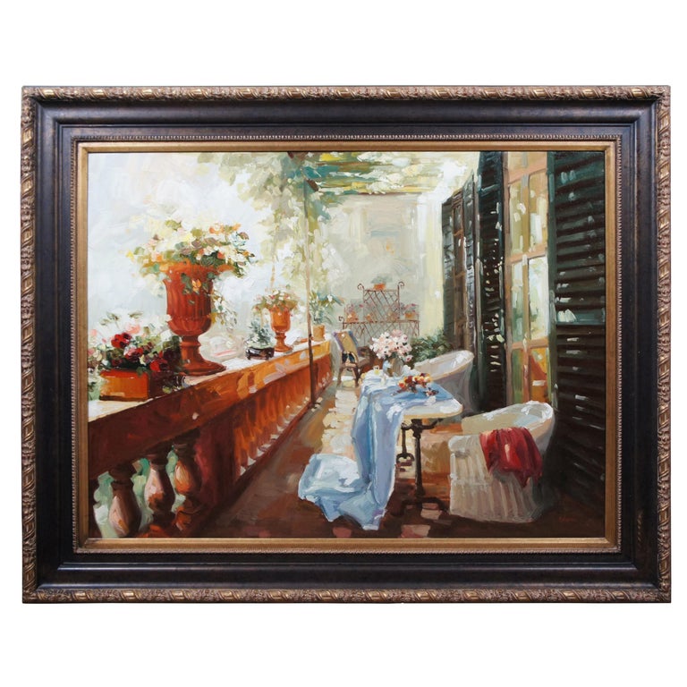 Impressionist Still Life Oil Painting Italian Chateau Floral Patio Balcony For Sale