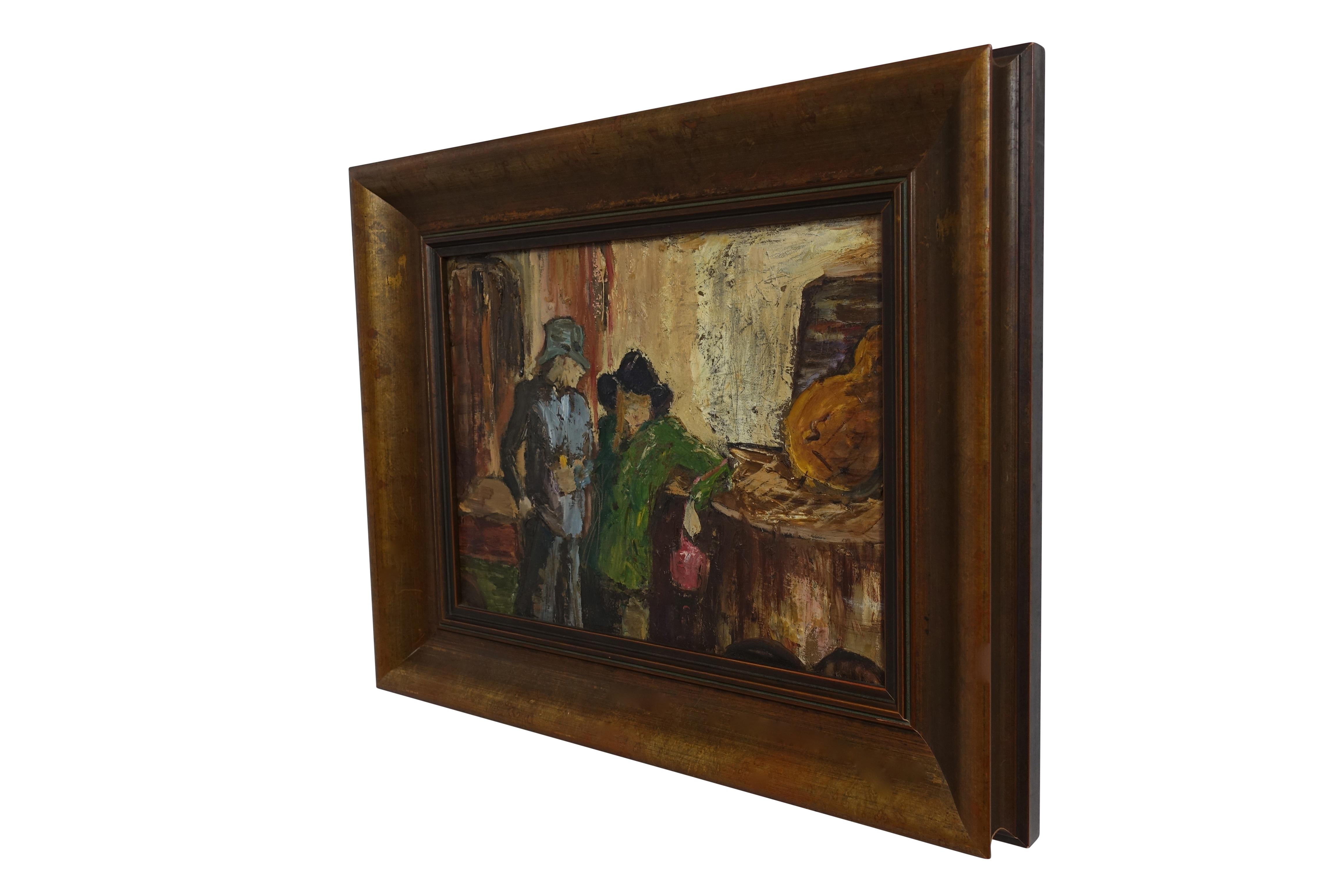 Bar scene or music scene painting, oil on canvas in painted wood frame, mid-20th century. Signed on the back stretcher bar P Archer.