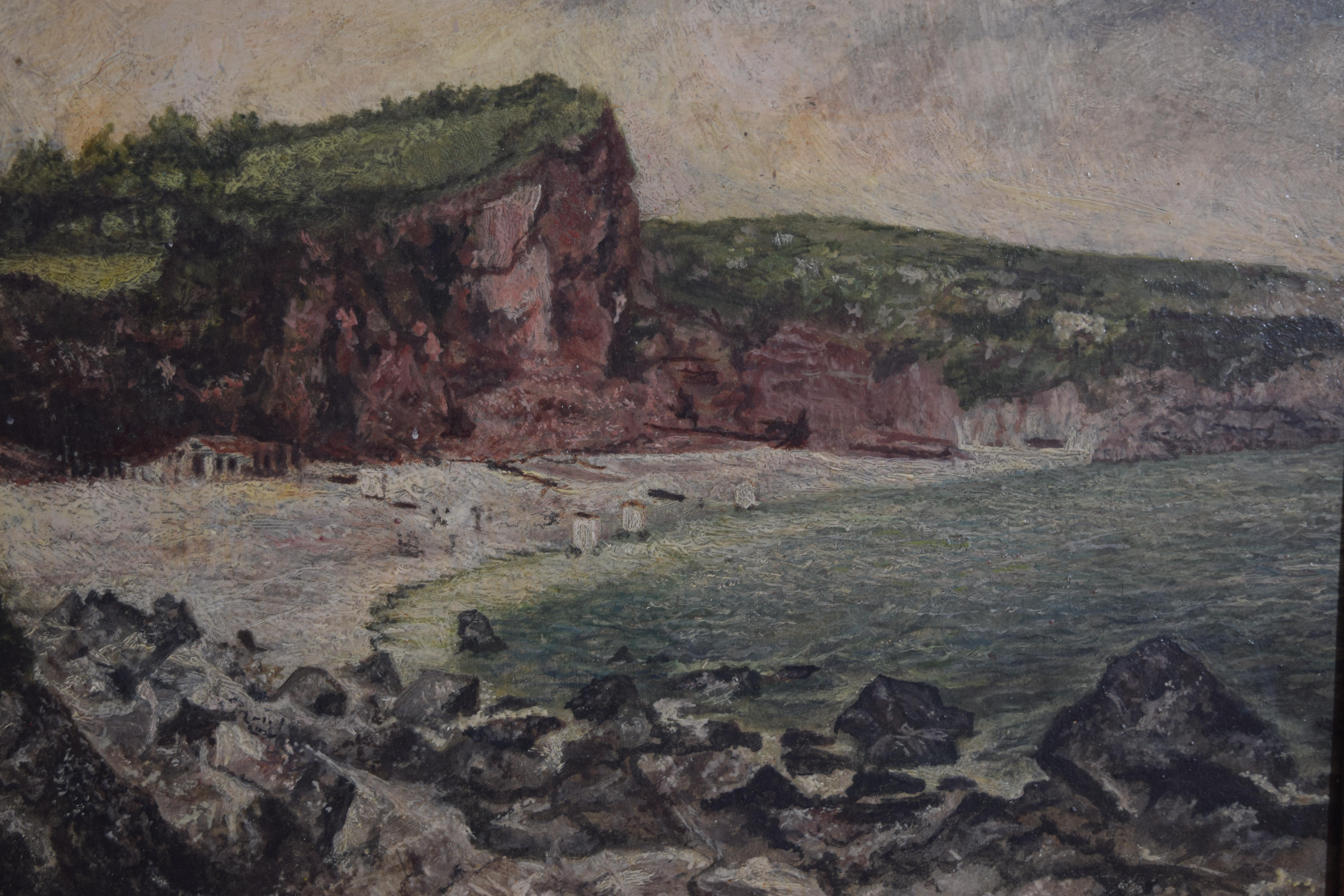 Impressionistisches Strandgemälde in einem Rahmen aus furniertem Nussbaumholz (Furnier) im Angebot