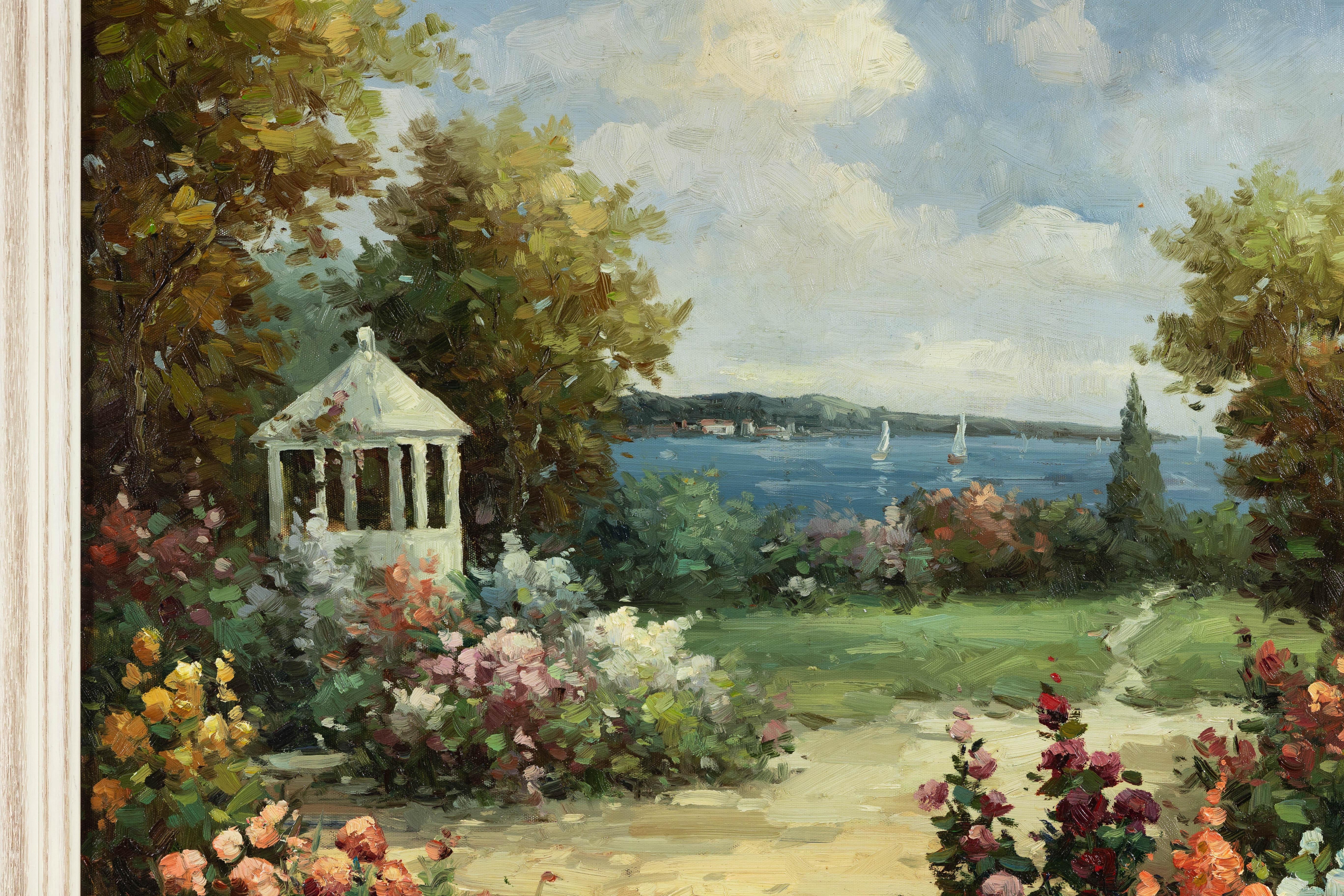 Impressionistisches Gartengemälde im Stil des Impressionismus mit Gazebo und Wasserfront, signiert R. Johns im Angebot 4
