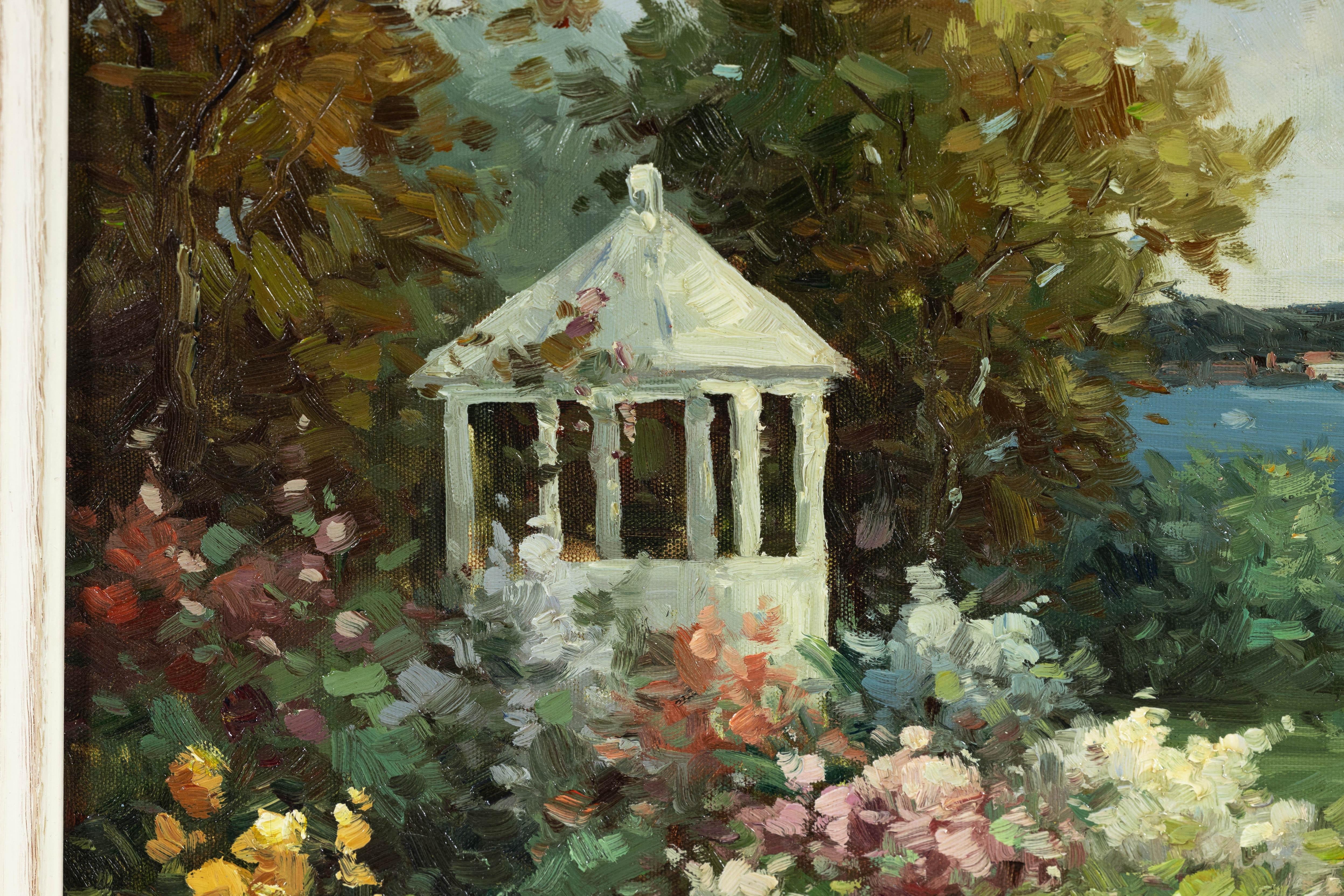 Impressionistisches Gartengemälde im Stil des Impressionismus mit Gazebo und Wasserfront, signiert R. Johns im Angebot 5