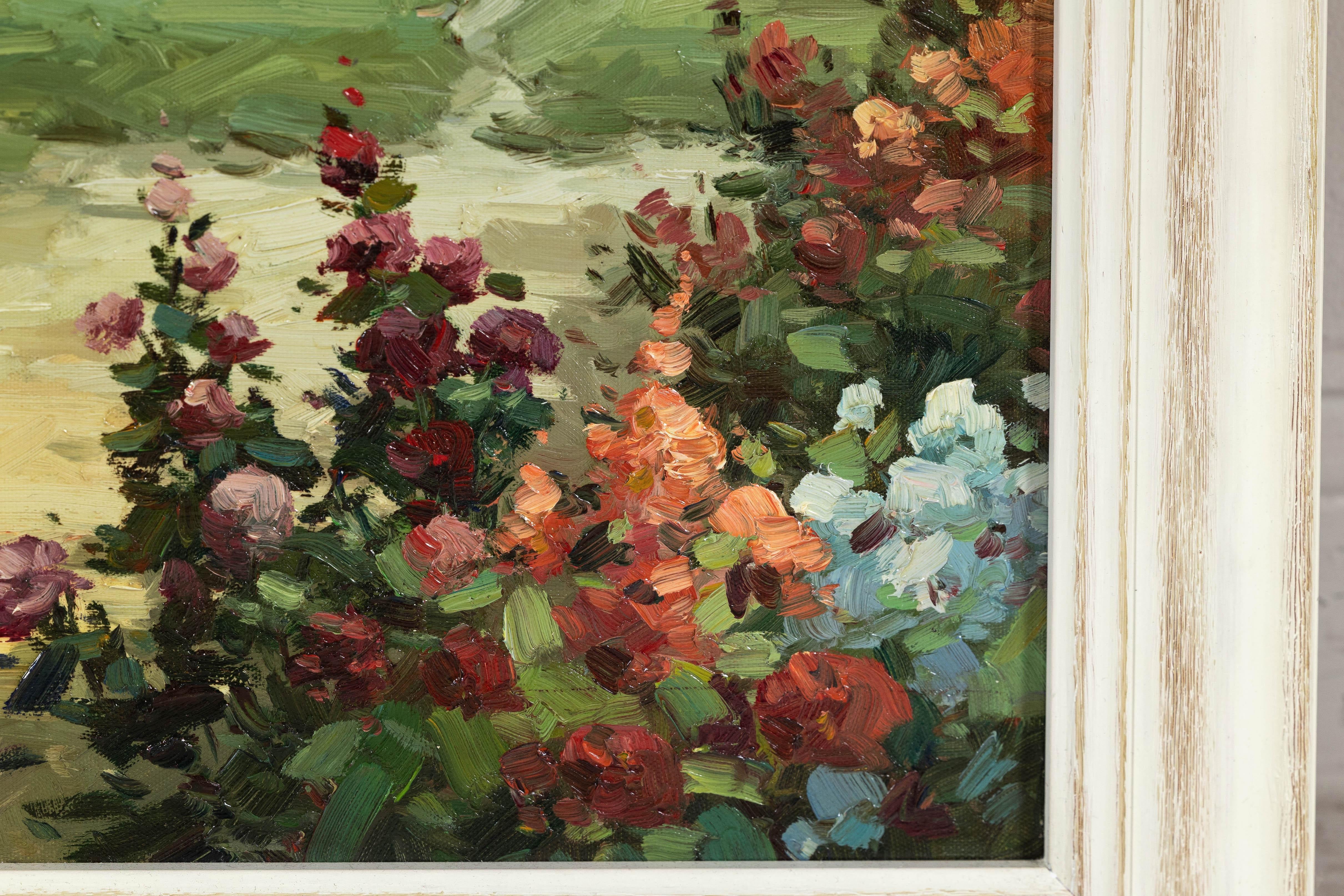 Impressionistisches Gartengemälde im Stil des Impressionismus mit Gazebo und Wasserfront, signiert R. Johns im Angebot 6