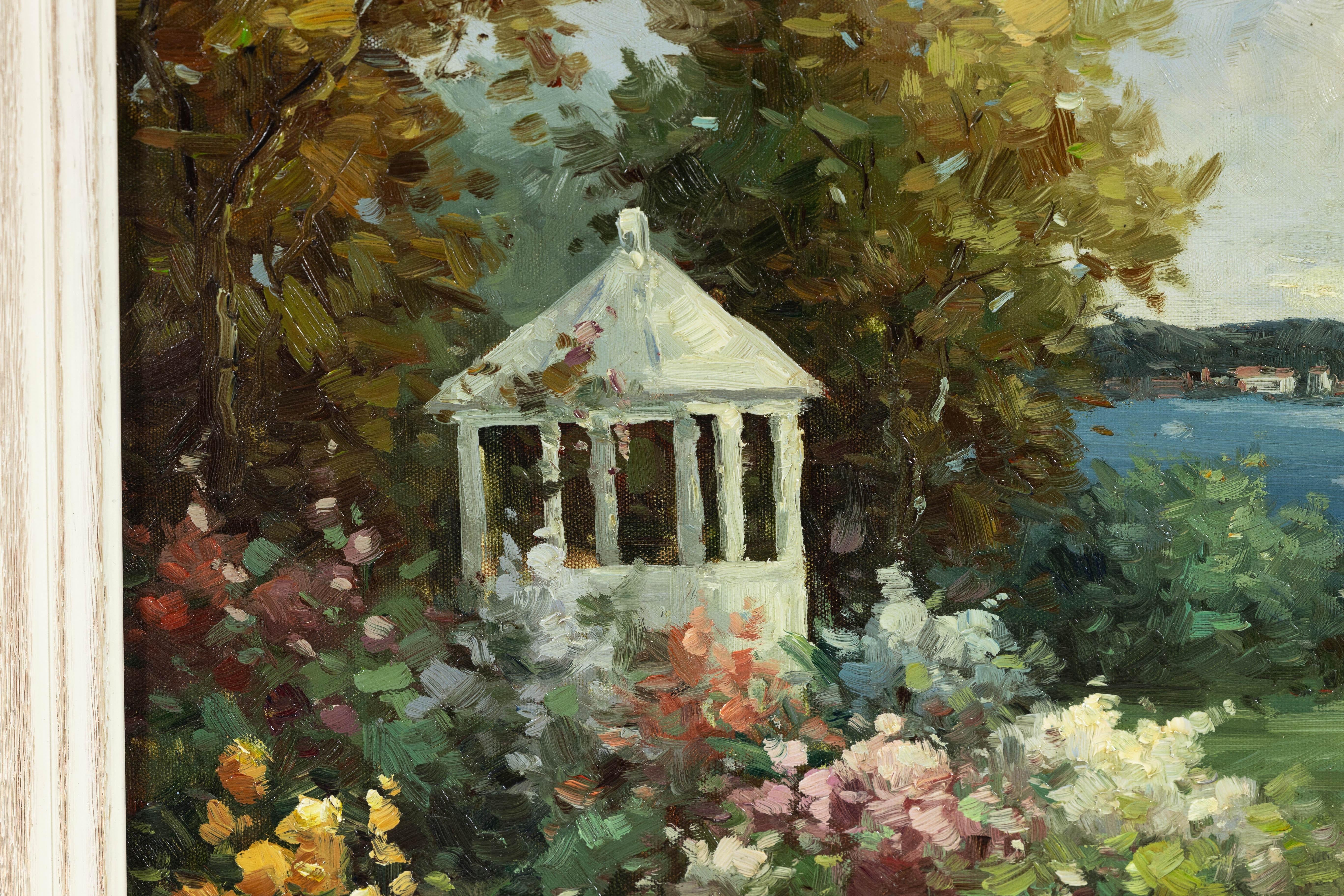 Impressionistisches Gartengemälde im Stil des Impressionismus mit Gazebo und Wasserfront, signiert R. Johns im Angebot 7
