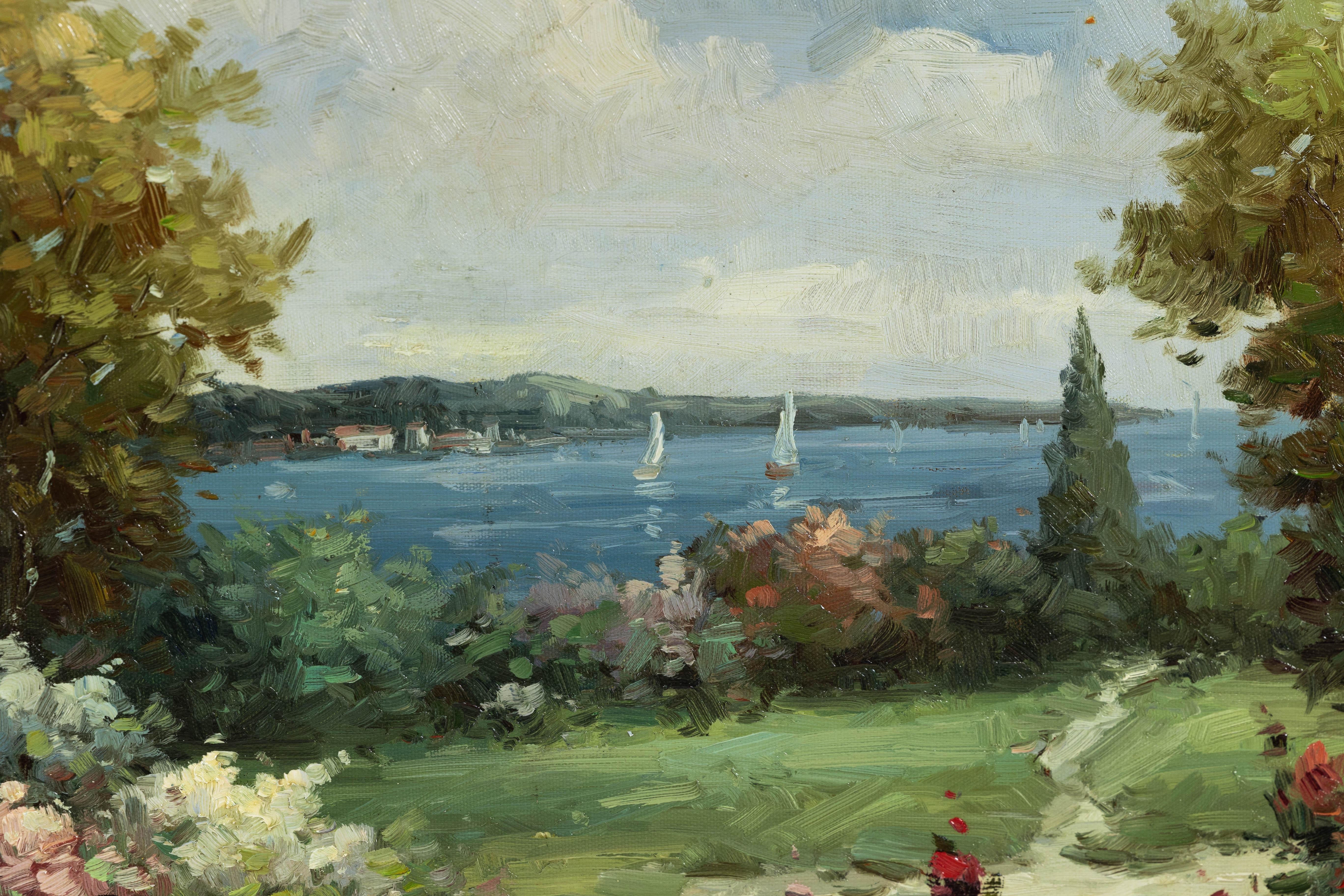 Impressionistisches Gartengemälde im Stil des Impressionismus mit Gazebo und Wasserfront, signiert R. Johns im Angebot 8