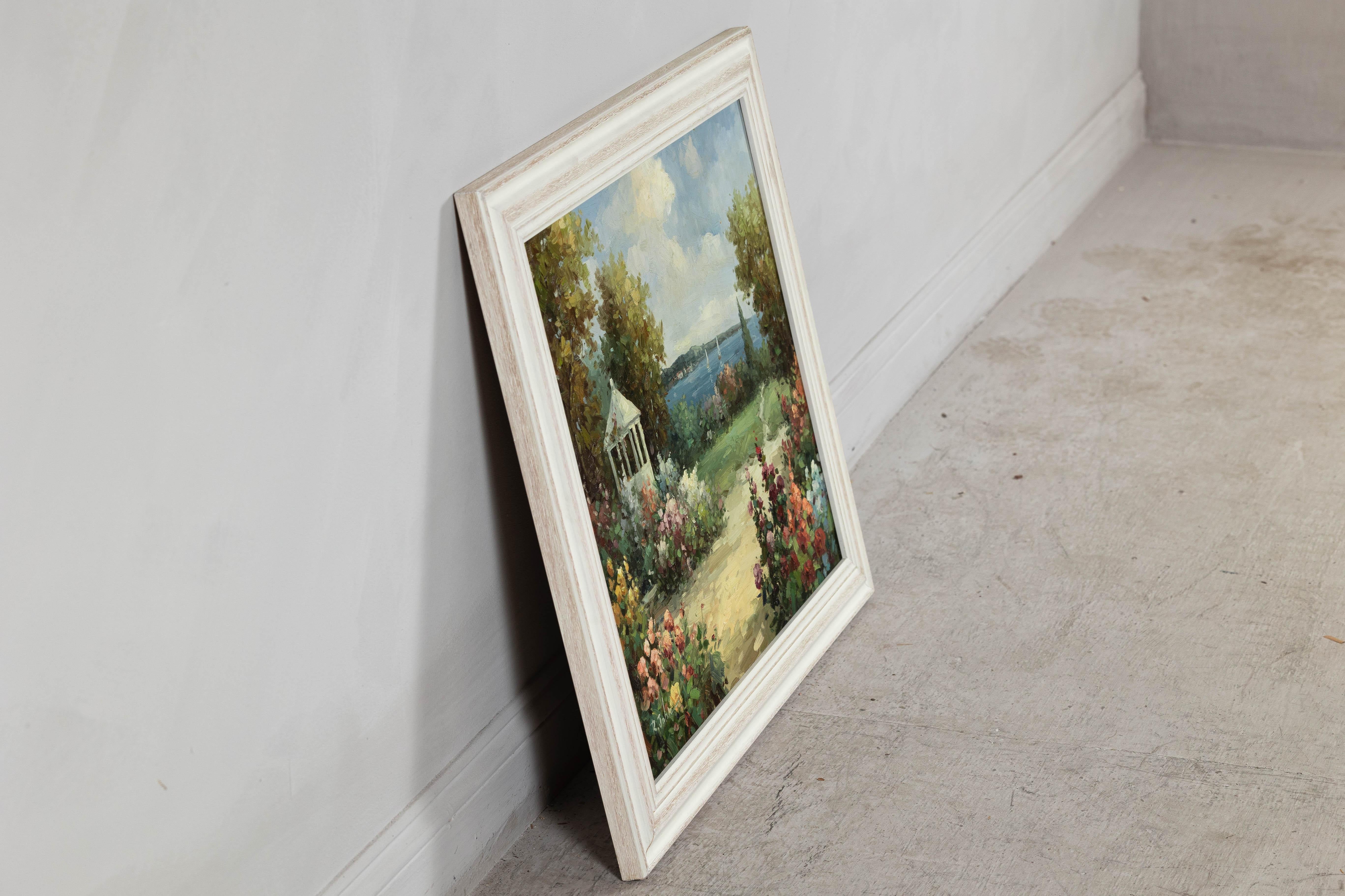 Impressionistisches Gartengemälde im Stil des Impressionismus mit Gazebo und Wasserfront, signiert R. Johns im Angebot 11