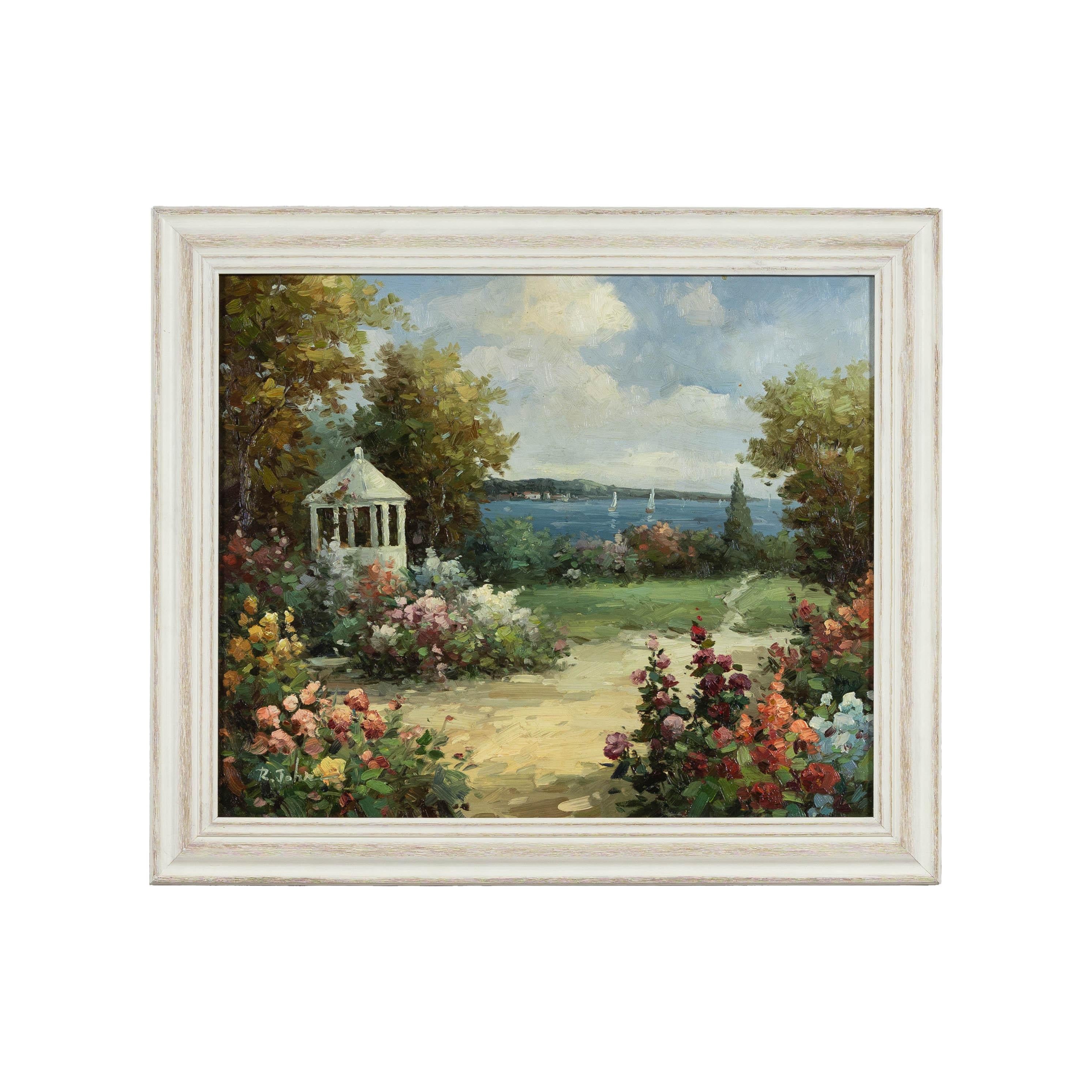 Impressionistisches Gartengemälde im Stil des Impressionismus mit Gazebo und Wasserfront, signiert R. Johns im Angebot 13