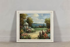 Impressionist Style Garden Painting with Gazebo and Waterfront, Signed R. Johns