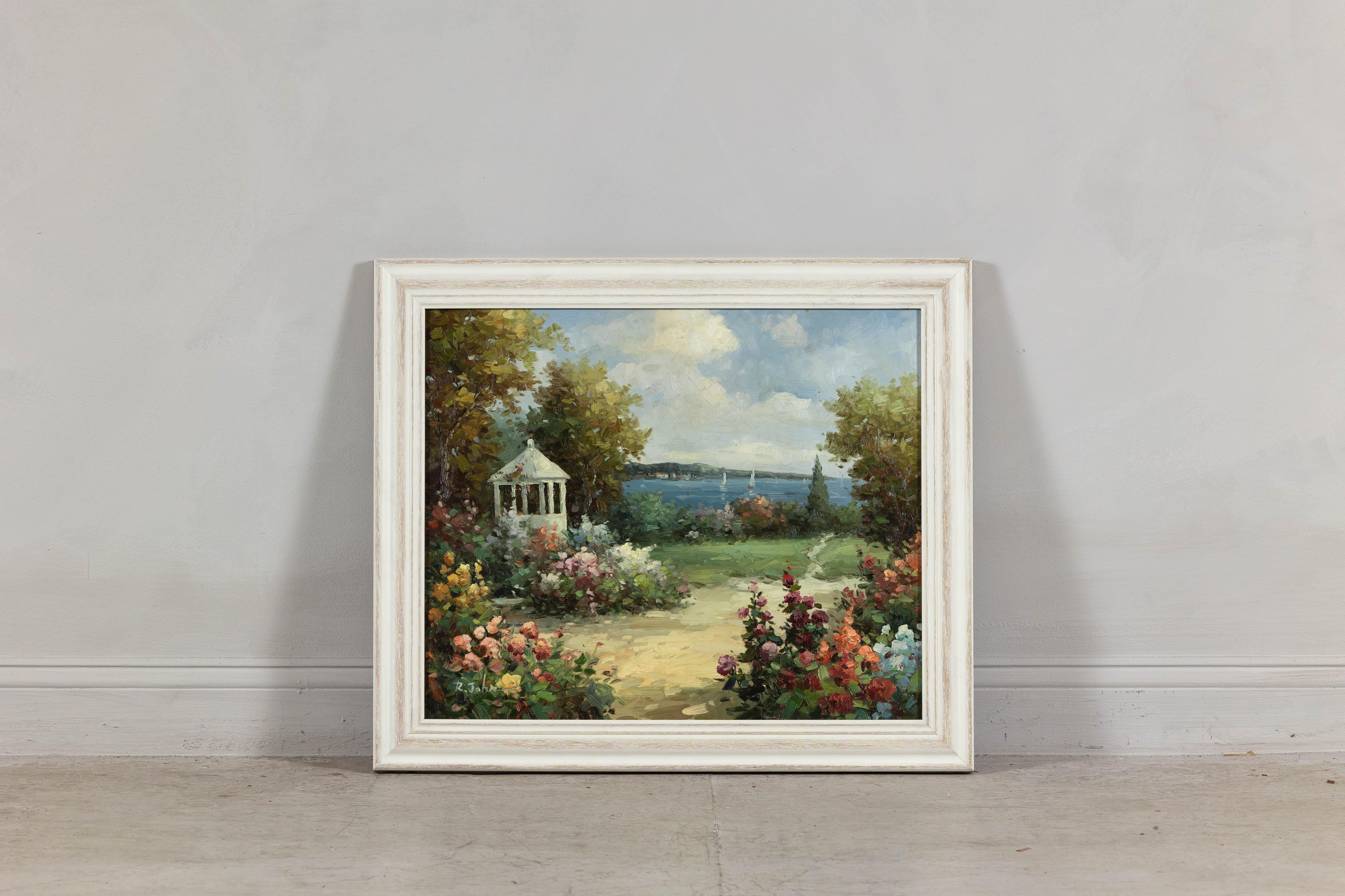 Impressionistisches Gartengemälde im Stil des Impressionismus mit Gazebo und Wasserfront, signiert R. Johns (Handbemalt) im Angebot