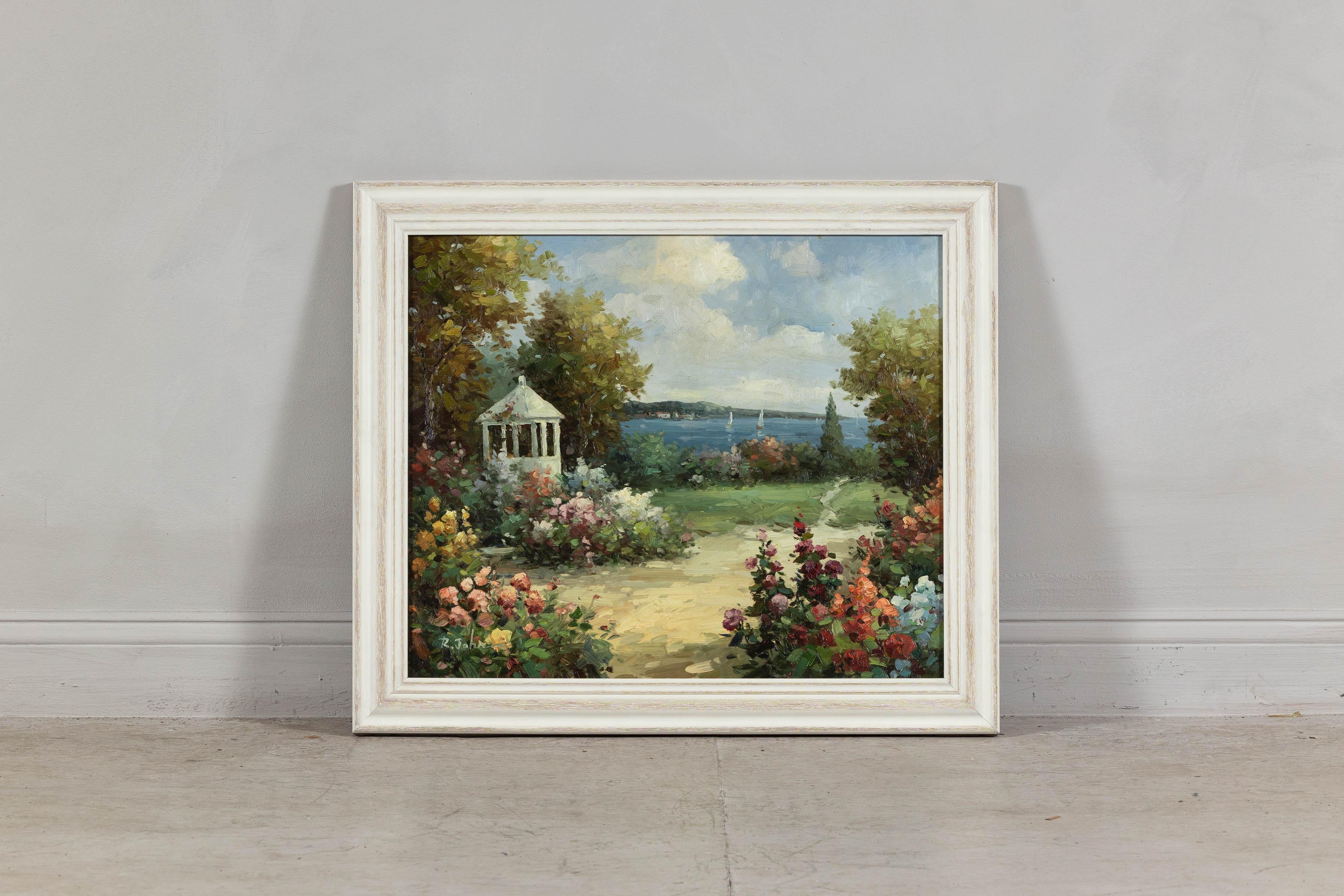 Impressionistisches Gartengemälde im Stil des Impressionismus mit Gazebo und Wasserfront, signiert R. Johns im Zustand „Gut“ im Angebot in Yonkers, NY
