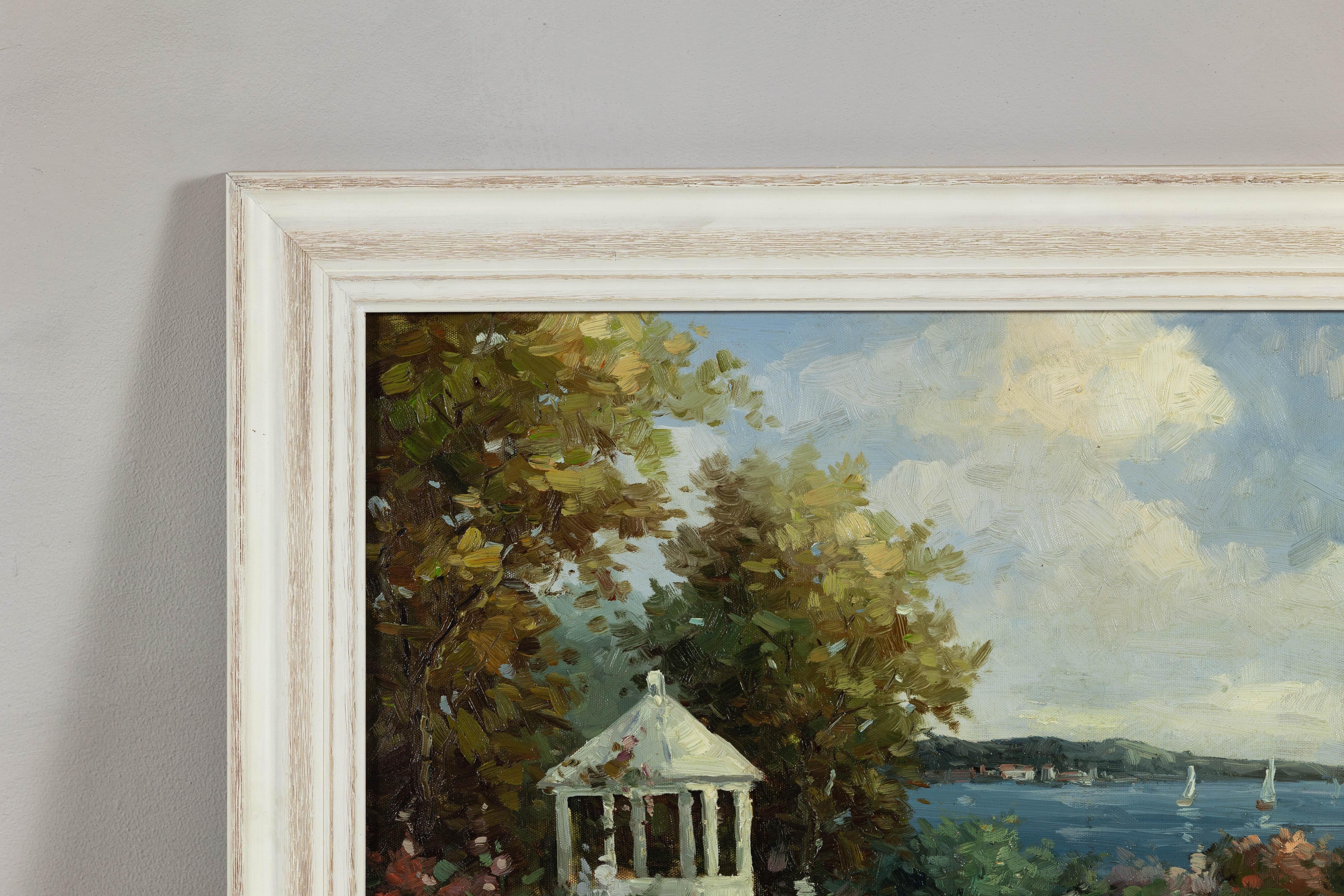 Impressionistisches Gartengemälde im Stil des Impressionismus mit Gazebo und Wasserfront, signiert R. Johns (20. Jahrhundert) im Angebot