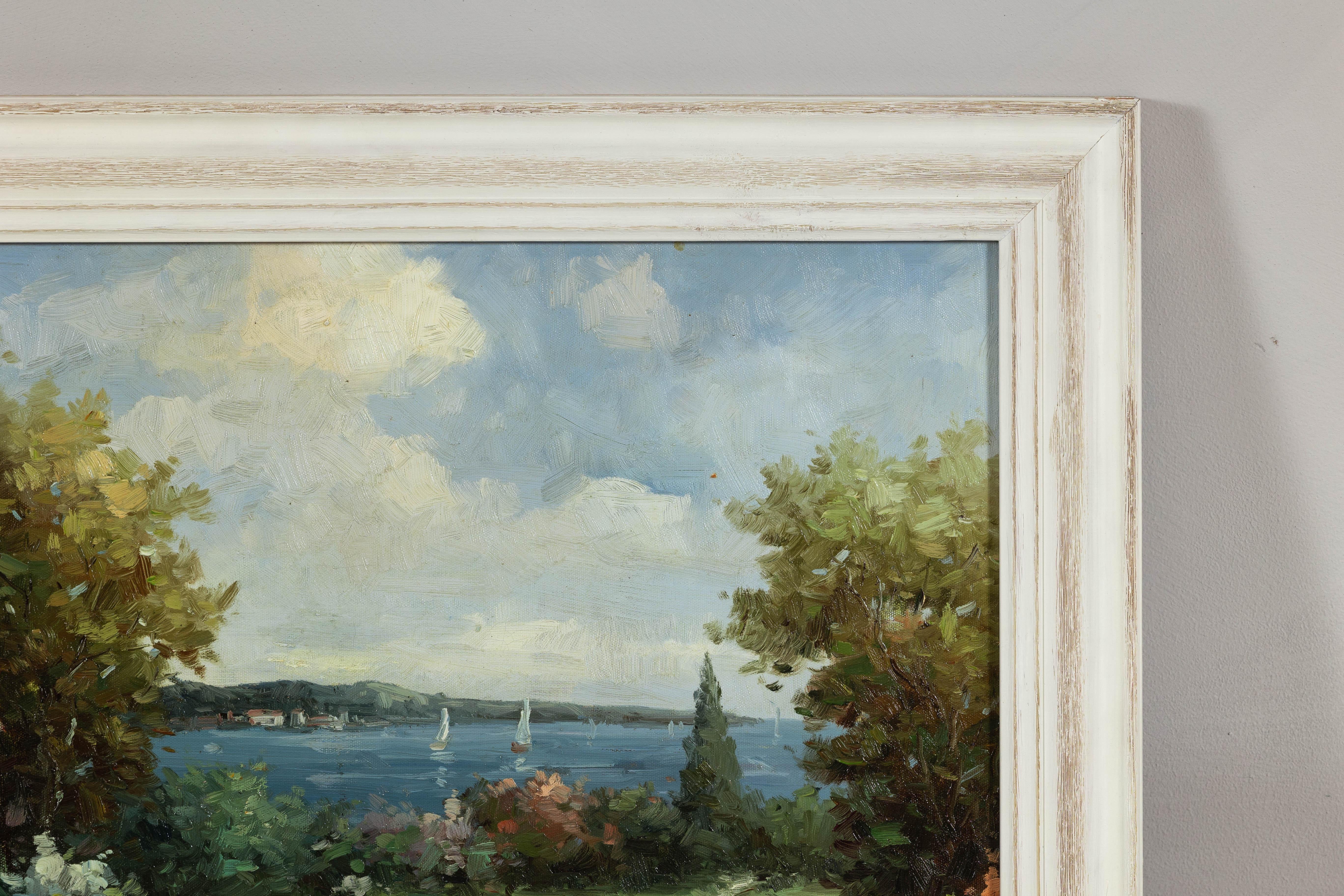 Impressionistisches Gartengemälde im Stil des Impressionismus mit Gazebo und Wasserfront, signiert R. Johns (Leinwand) im Angebot