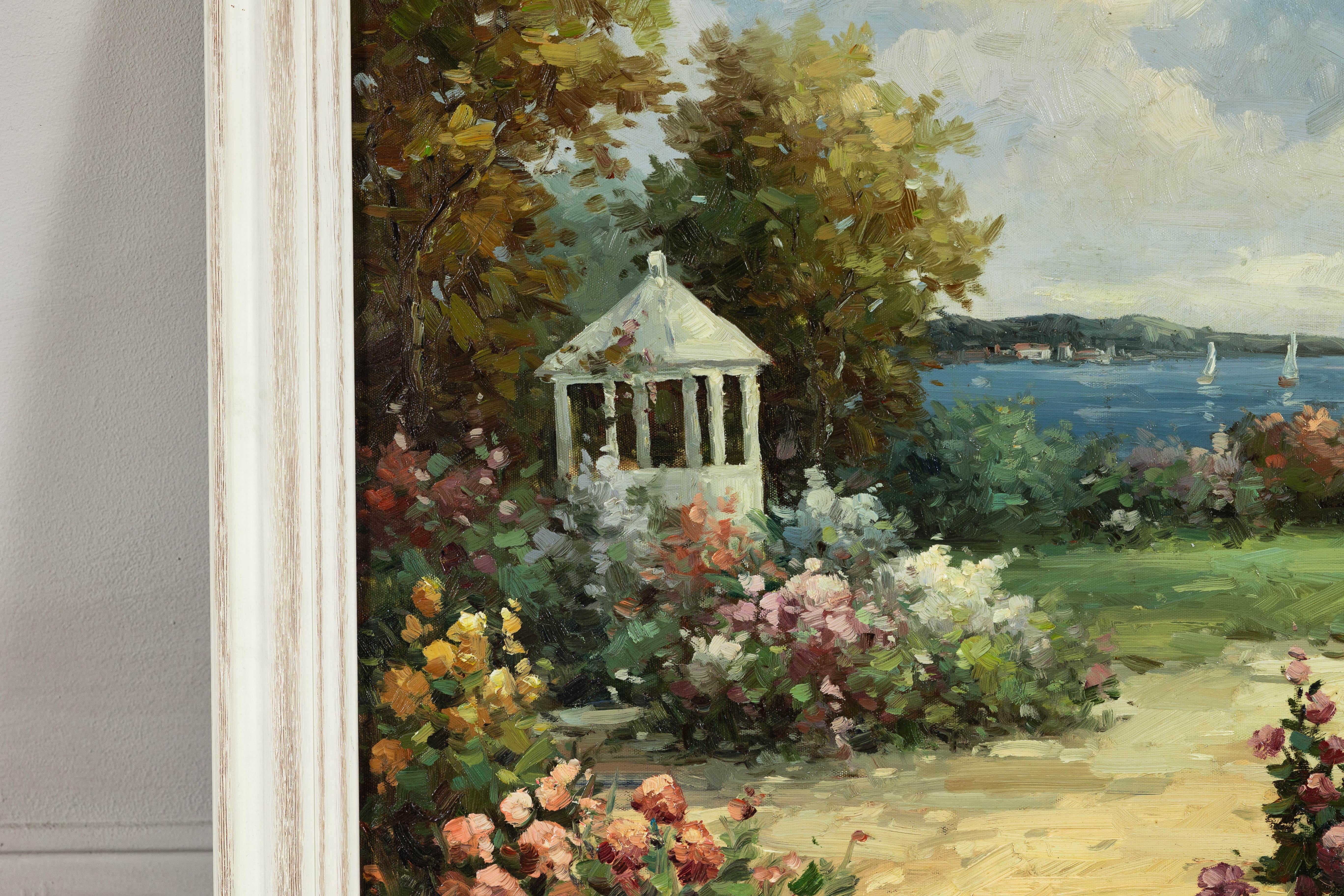 Impressionistisches Gartengemälde im Stil des Impressionismus mit Gazebo und Wasserfront, signiert R. Johns im Angebot 1