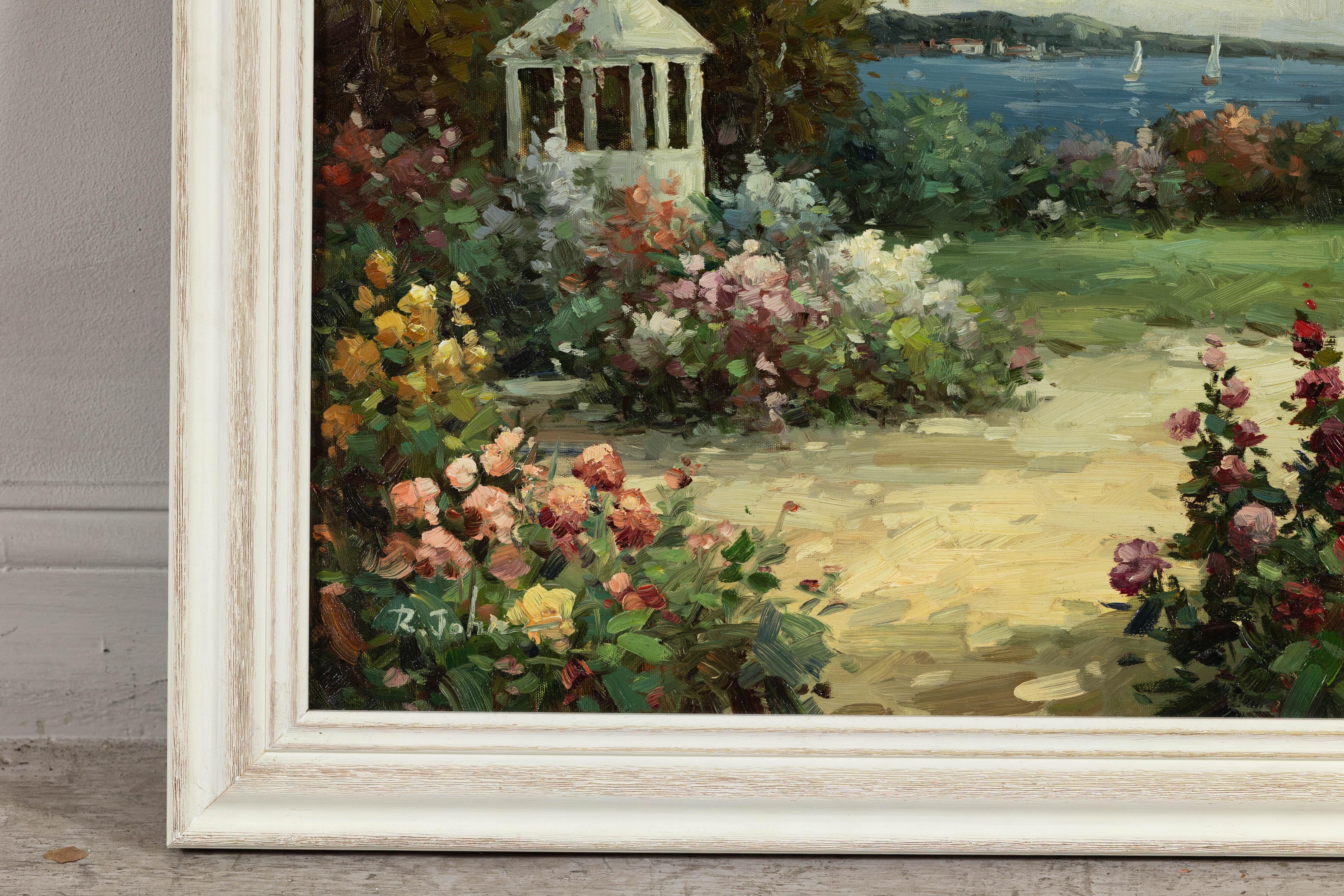 Impressionistisches Gartengemälde im Stil des Impressionismus mit Gazebo und Wasserfront, signiert R. Johns im Angebot 2