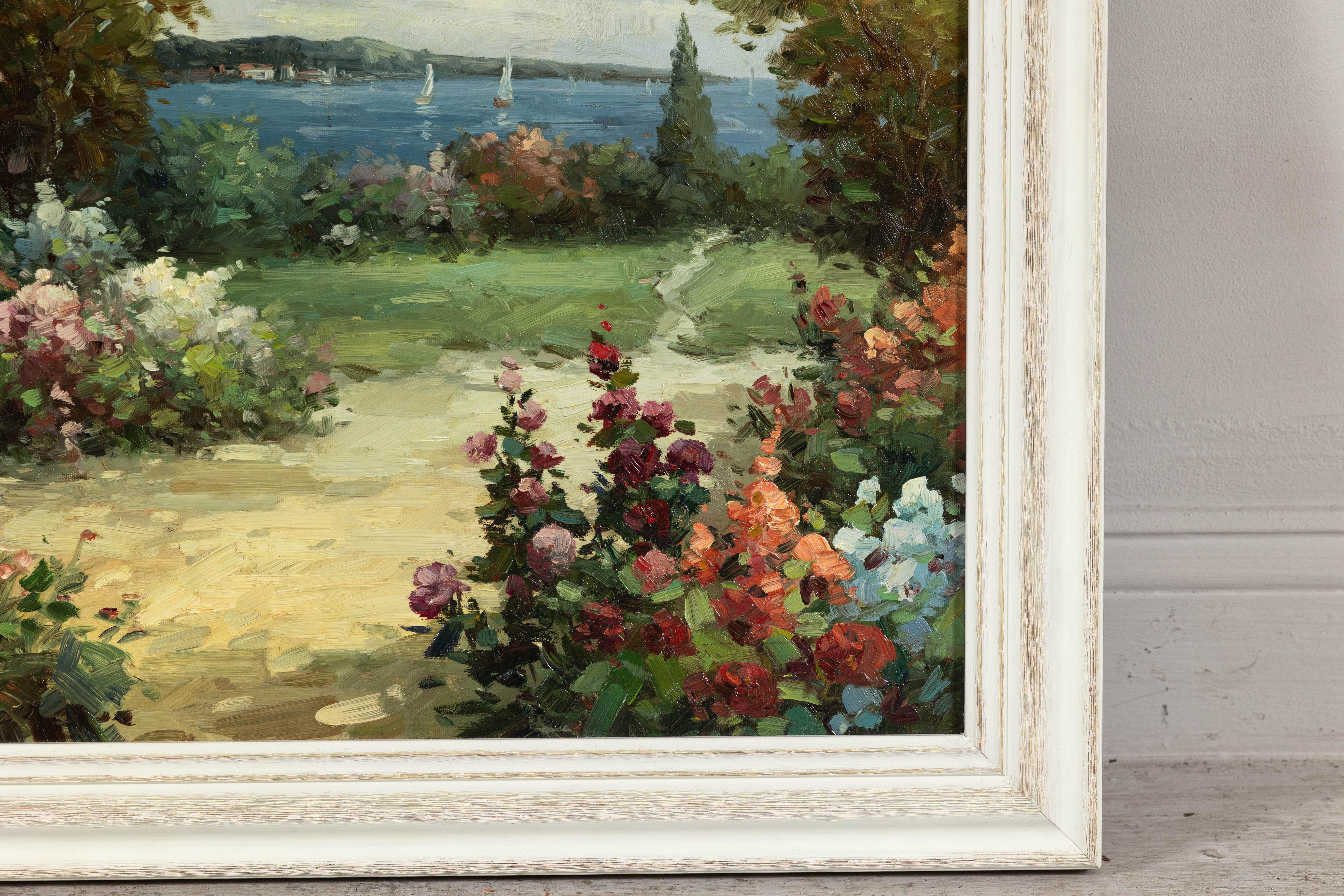 Impressionistisches Gartengemälde im Stil des Impressionismus mit Gazebo und Wasserfront, signiert R. Johns im Angebot 3