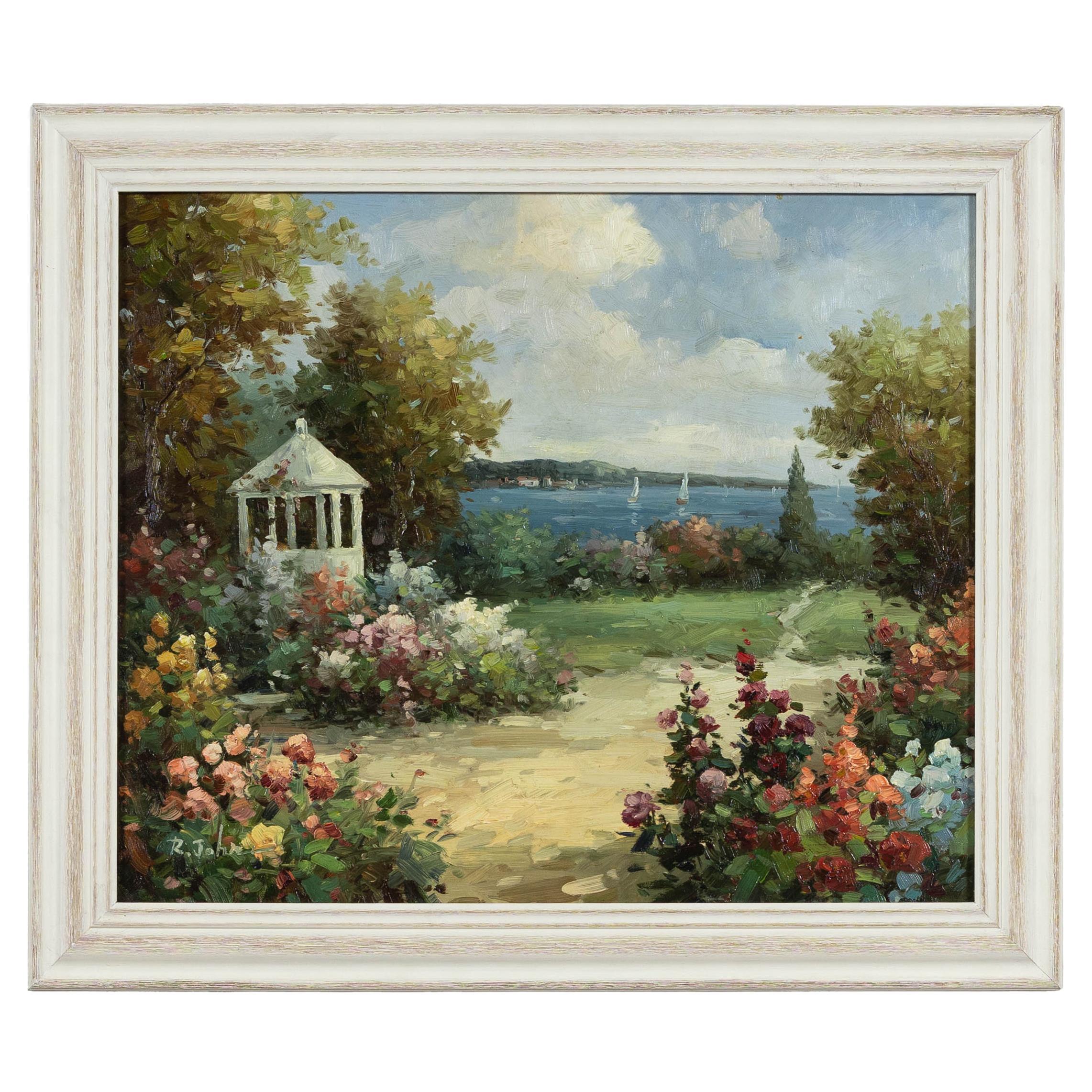 Quadro da giardino in stile impressionista con Gazebo e lungomare, firmato R. Johns