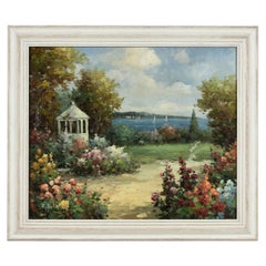Impressionist Style Garden Painting with Gazebo and Waterfront, Signed R. Johns