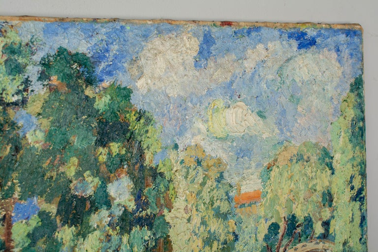 Impressionist style landscape by John Dana Bashian (American 1897-1975). Oil on canvas. Nice composition and vivid color with thick impasto technique. Signed and dated 1947 verso. 