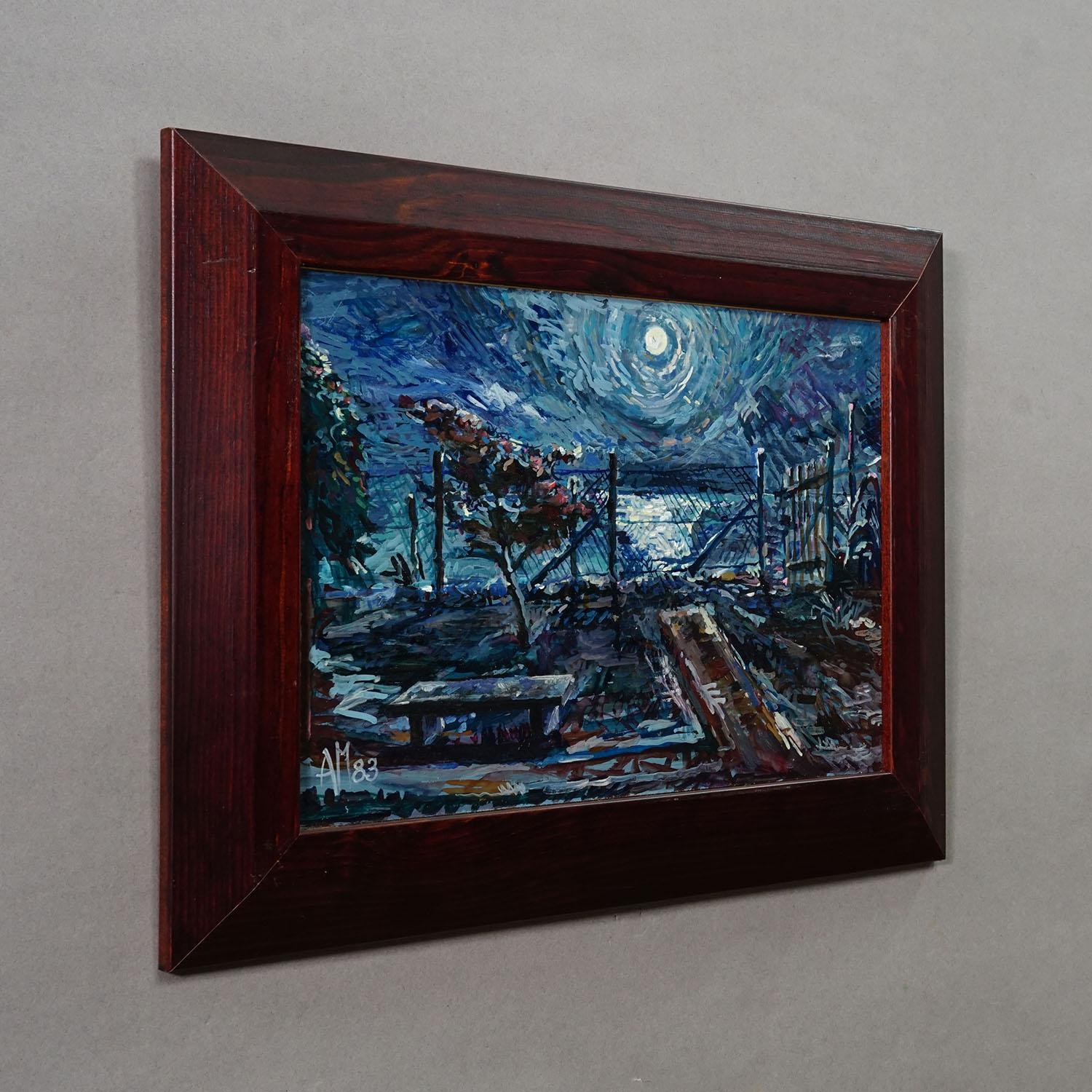 Impressionistisches Ölgemälde Mondscheinszene, 1983 - Alexander Michael

In dieser stimmungsvollen nächtlichen Landschaft fängt Alexander Michael die stille Poesie eines mondbeschienenen Abends am Meer ein. Ein silbriger Mond beherrscht den Himmel