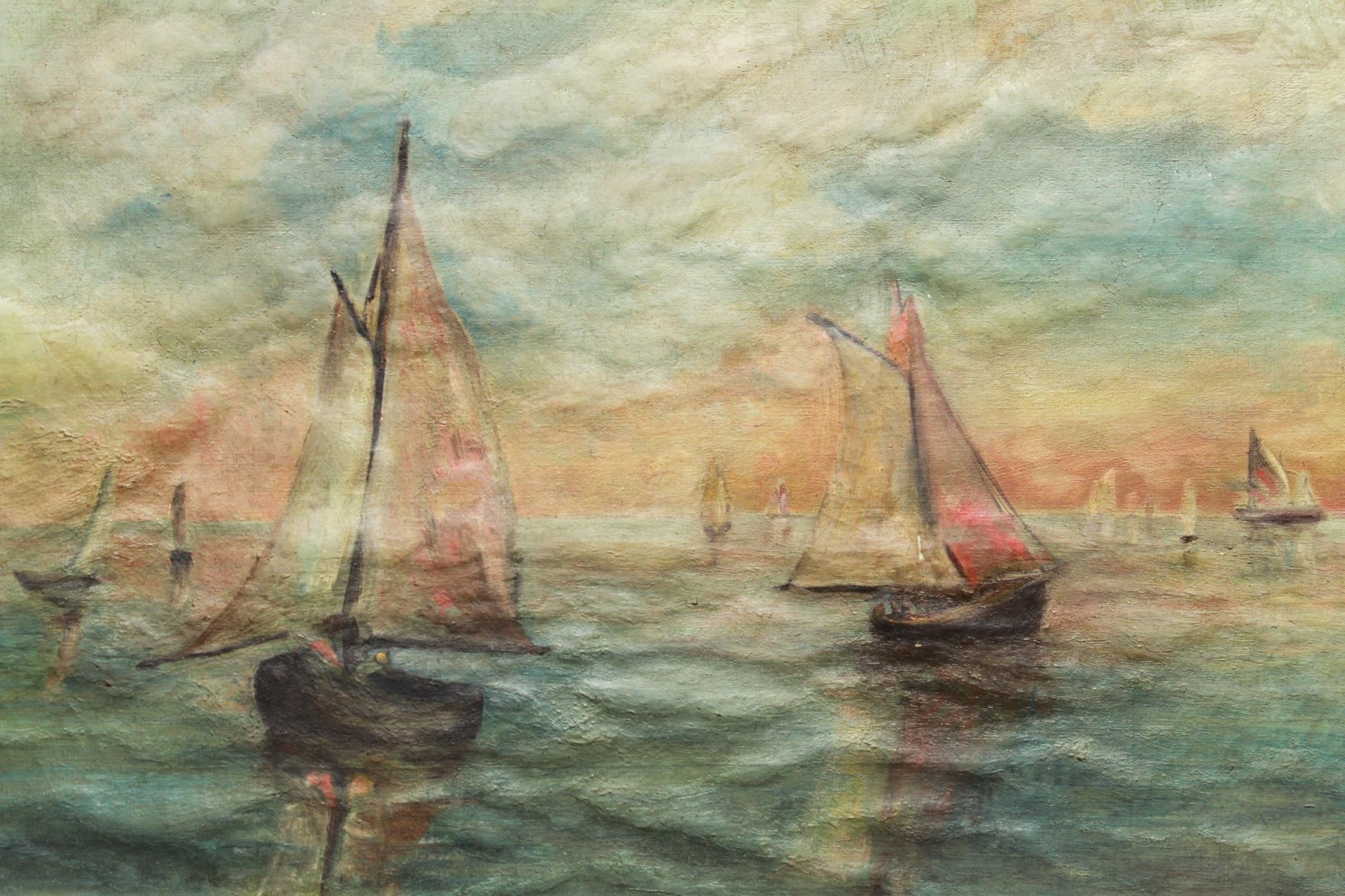 Impressionist style oil on canvas painting depicting a seascape with sailboats. The piece has a hole at the top left and some paint loss to a sailboat on the right, with some cracquelure throughout.