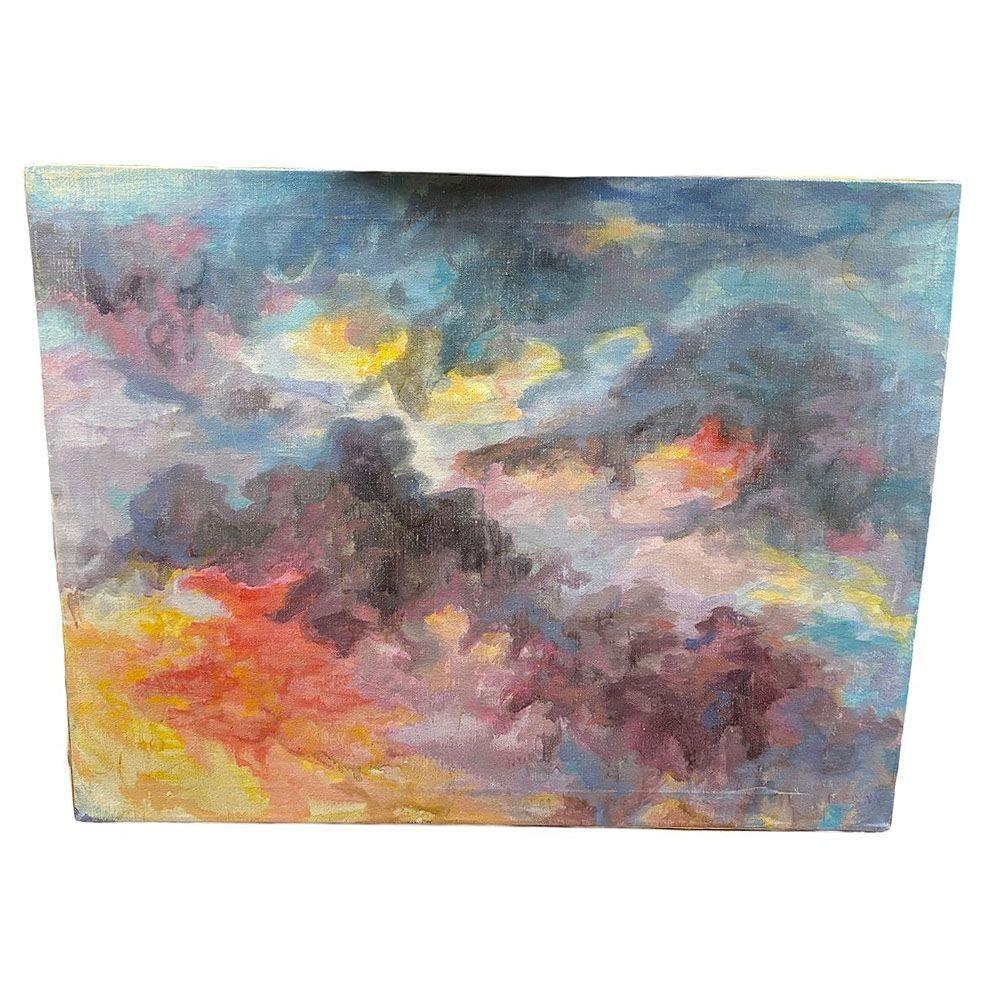 Il dipinto originale di un paesaggio di nuvole cattura magnificamente il dramma etereo dei cieli mutevoli del tramonto, mescolando tonalità morbide e texture dinamiche. L'uso della luce e dell'ombra da parte dell'artista crea una profondità