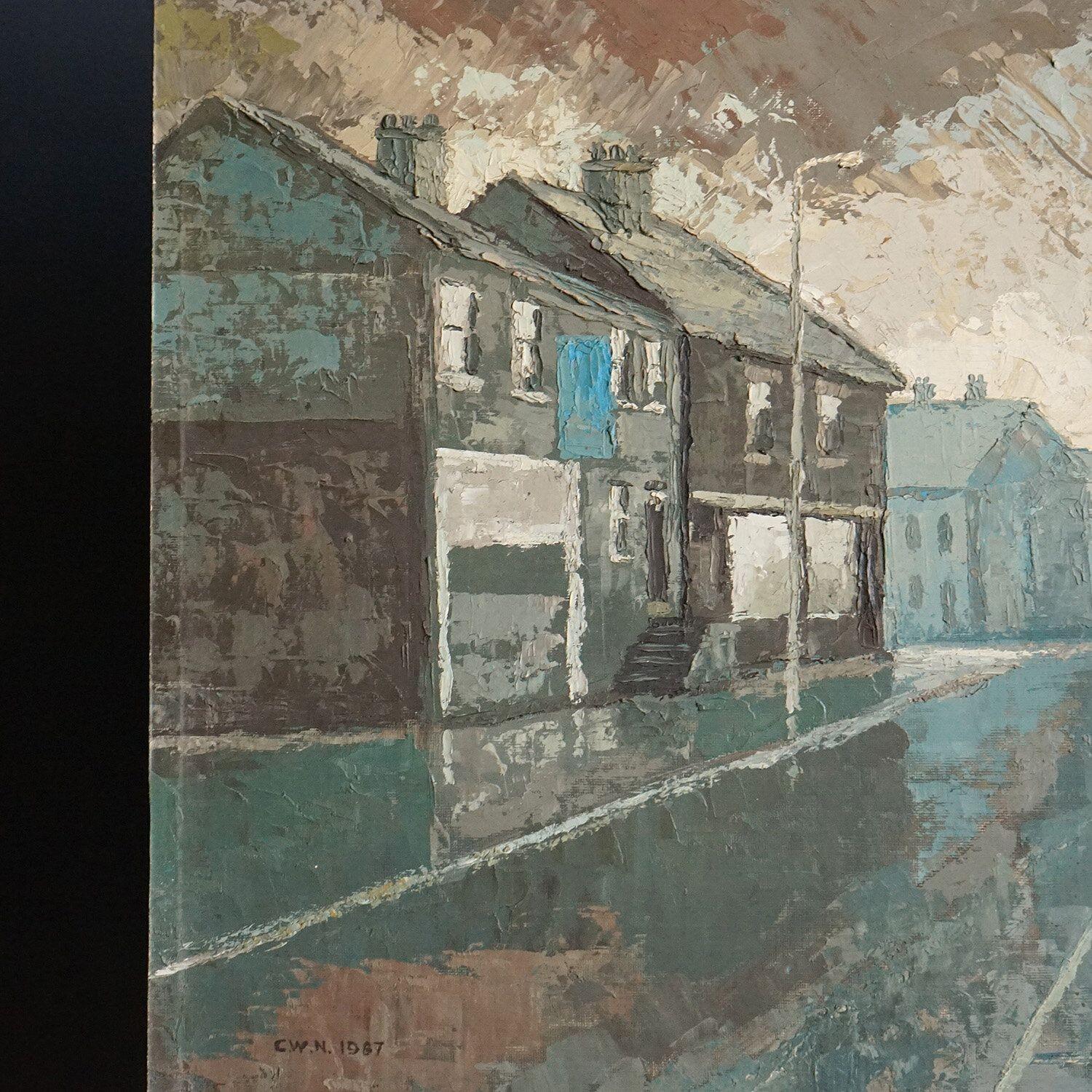 Britannique Peinture à l'huile impressionniste originale vintage d'un paysage représentant une scène de rue en vente