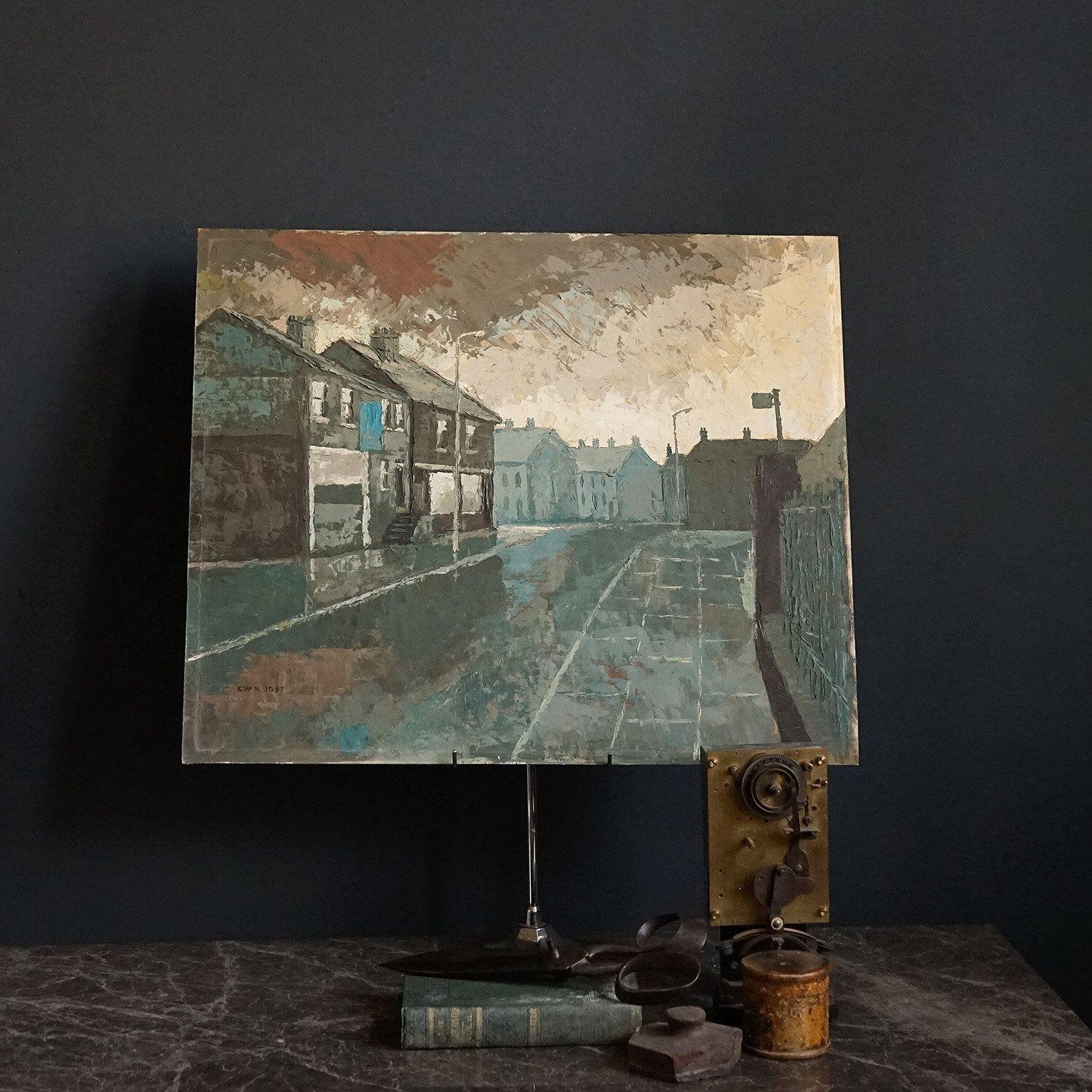 Peinture à l'huile impressionniste originale vintage d'un paysage représentant une scène de rue en vente 2